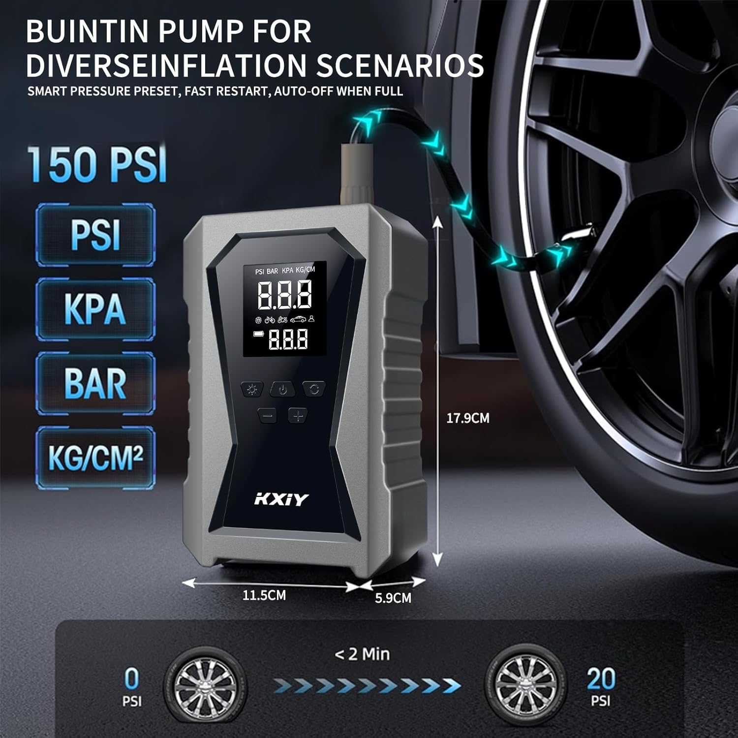 Portable Car Jump Starter with Air Compressor, 12V Battery Booster Pack for Cars, Trucks, and Motorcycles, 150PSI Tire Inflator with LED Flashlight, Compact and Safe Jump Box, 8000mAh - DM10