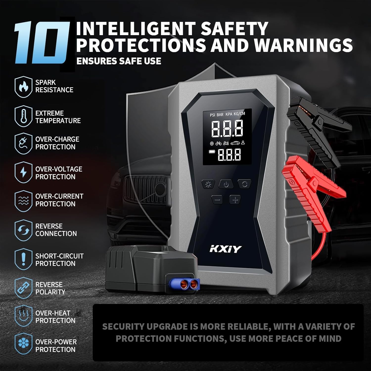 Portable Car Jump Starter with Air Compressor, 12V Battery Booster Pack for Cars, Trucks, and Motorcycles, 150PSI Tire Inflator with LED Flashlight, Compact and Safe Jump Box, 8000mAh - DM10