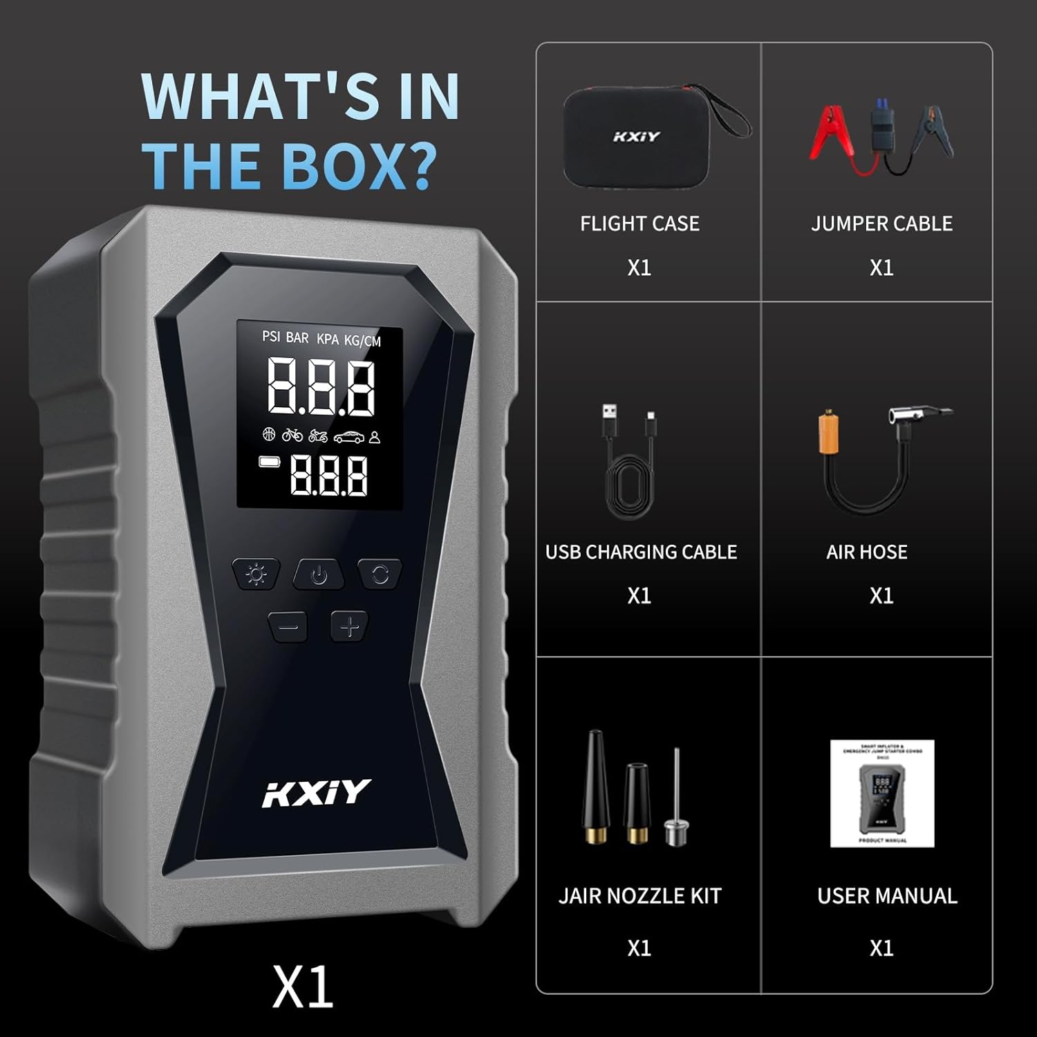 Portable Car Jump Starter with Air Compressor, 12V Battery Booster Pack for Cars, Trucks, and Motorcycles, 150PSI Tire Inflator with LED Flashlight, Compact and Safe Jump Box, 8000mAh - DM10