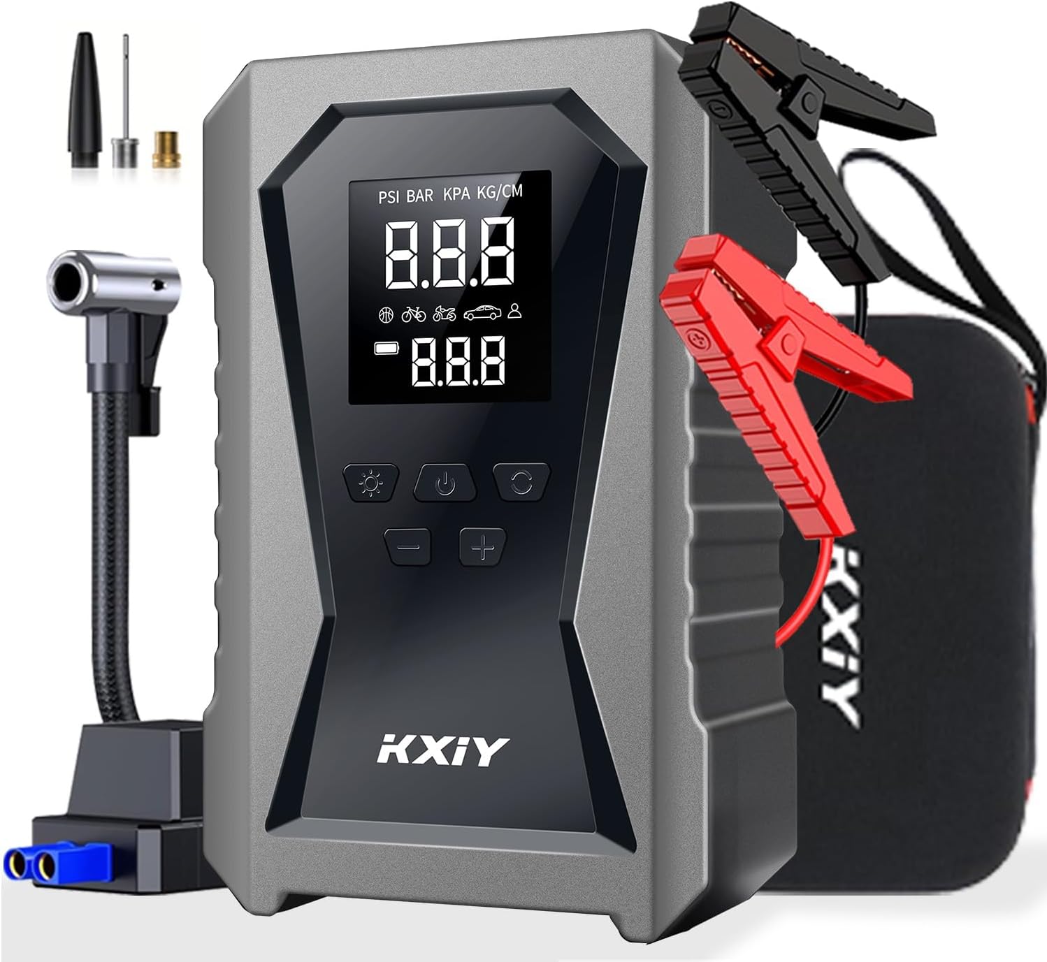 Portable Car Jump Starter with Air Compressor, 12V Battery Booster Pack for Cars, Trucks, and Motorcycles, 150PSI Tire Inflator with LED Flashlight, Compact and Safe Jump Box, 8000mAh - DM10