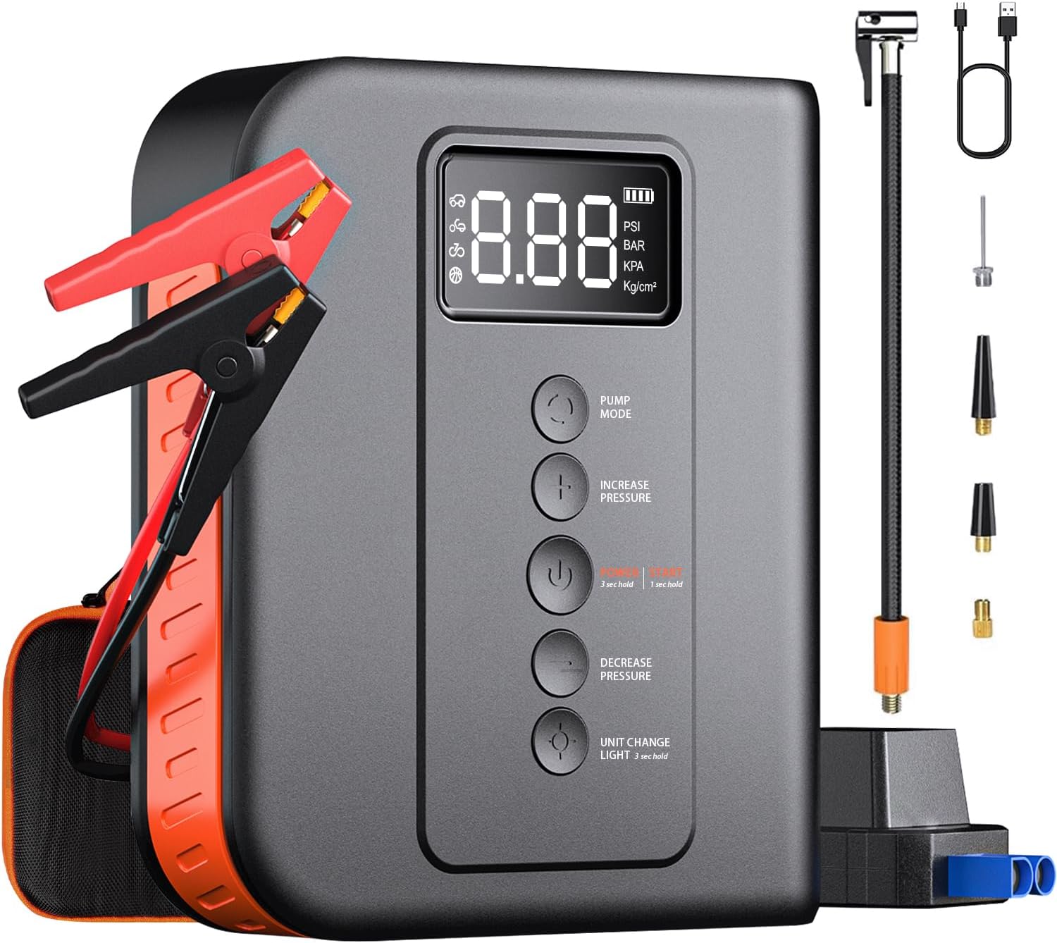 Portable Car Jump Starter with Air Compressor, 6000A 150PSI Car Battery Jump Starter (All Gas or Up to 12L Diesel), 12V Battery Pack, Jump Box Car Battery Jumper Starter, Large LCD Display, Lights