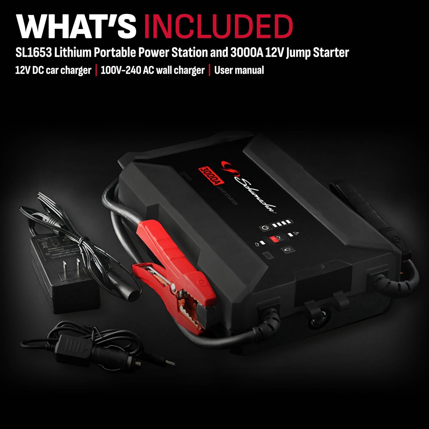 Schumacher Electric 3-in-1 Lithium Jump Starter and Portable Power Pack, SL1653, 3000 Amps, 12 Volts, 10.0L Gas, 10.0L Diesel Engines for Car, Motorcycle, Truck, Boat Batteries