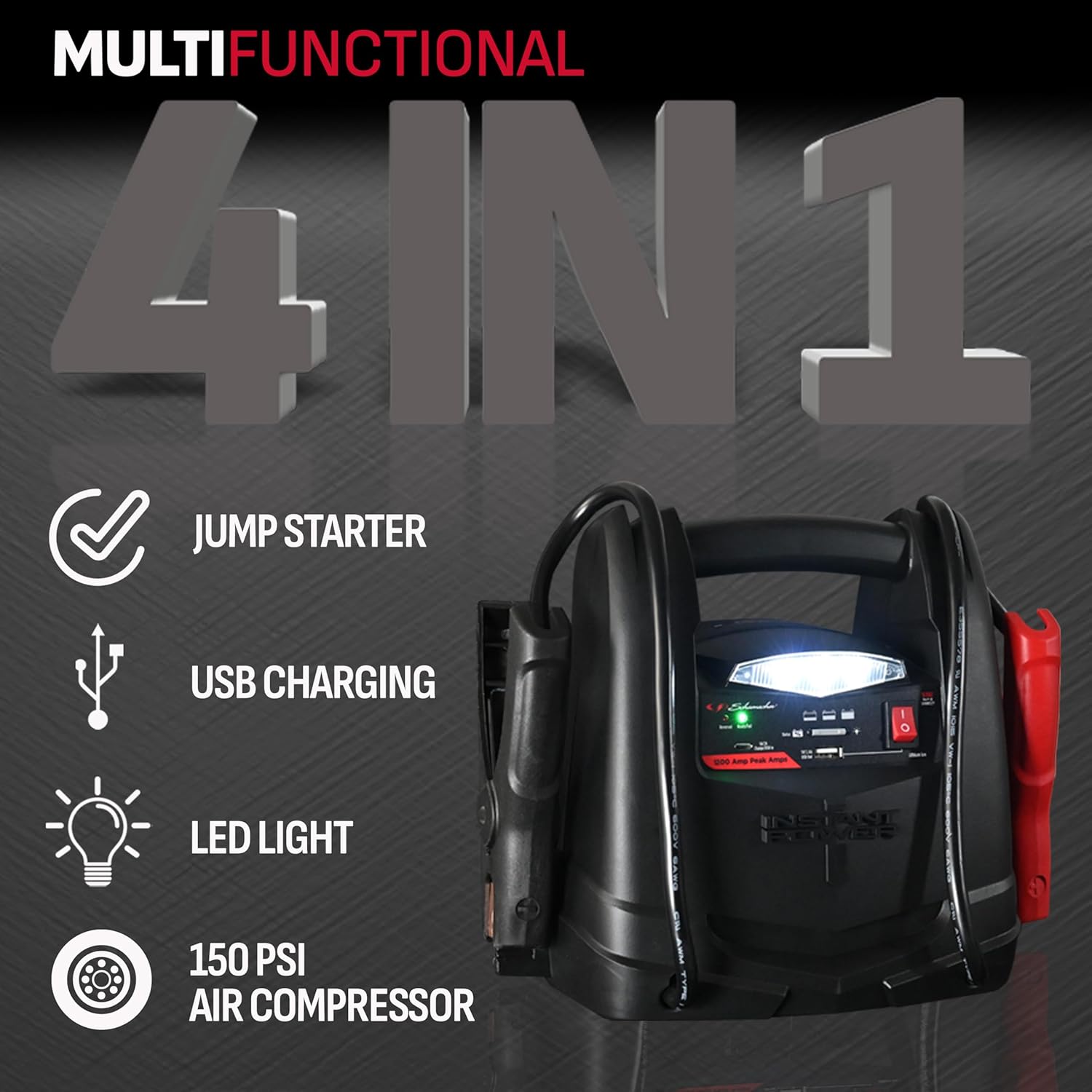 Schumacher Electric Lithium Jump Starter and Portable Power Station, SL1562, 4-in-1, 1200 Amps, 12 Volt, 150-PSI Air Compressor, USB Charging, Starts Car, Truck, Motorcycle, and Marine Batteries