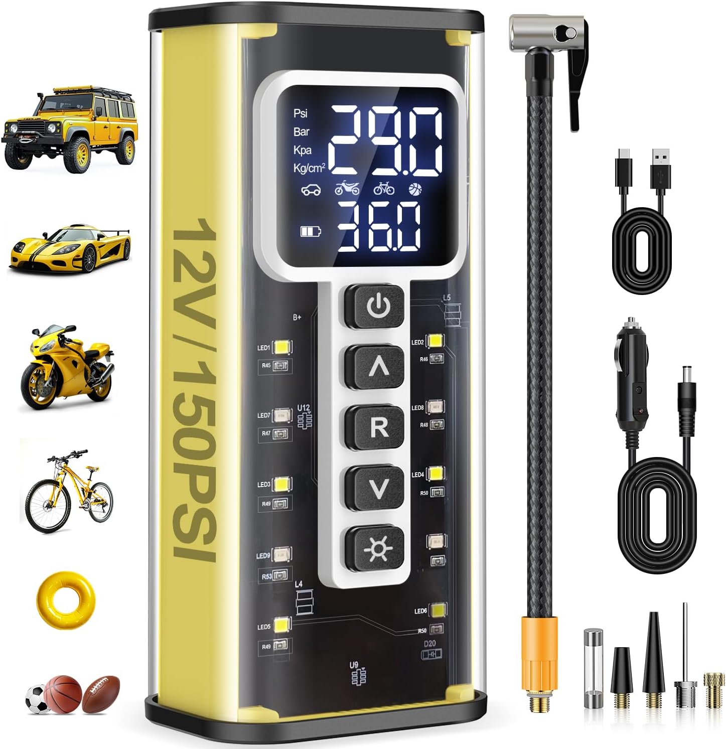 Tire Inflator Portable Air Compressor, Air Pump for Car Tires 20000mAh Battery  150PSI, Electric Tire Pump 12V AC/DC Dual Power Supply, Tire Pressure Gauge, Smart 5X Fast Inflation for SUV Ball Bike