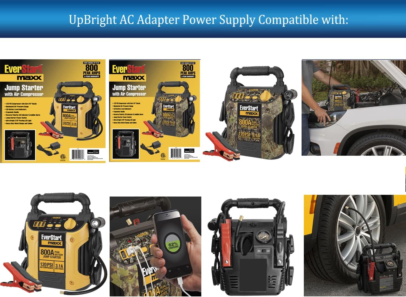 UpBright 12V AC/DC Adapter Compatible with EverStart maxx J7CCE J7CE Ever Start max 800A 800 Peak Amps Battery Car Jump Starter 120 PSI Air Compressor 3.1A USB Power LED Camo 12VDC Supply Cord Charger
