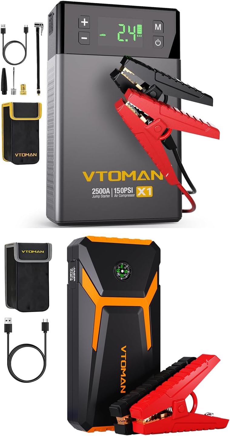 VTOMAN X1 Jump Starter with Air Compressor and V6 Pro Jump Starter, 2500A/1500A Battery Starter, 12V Lithium Jump Box for Vehicles, 100PSI Digital Tire Inflator