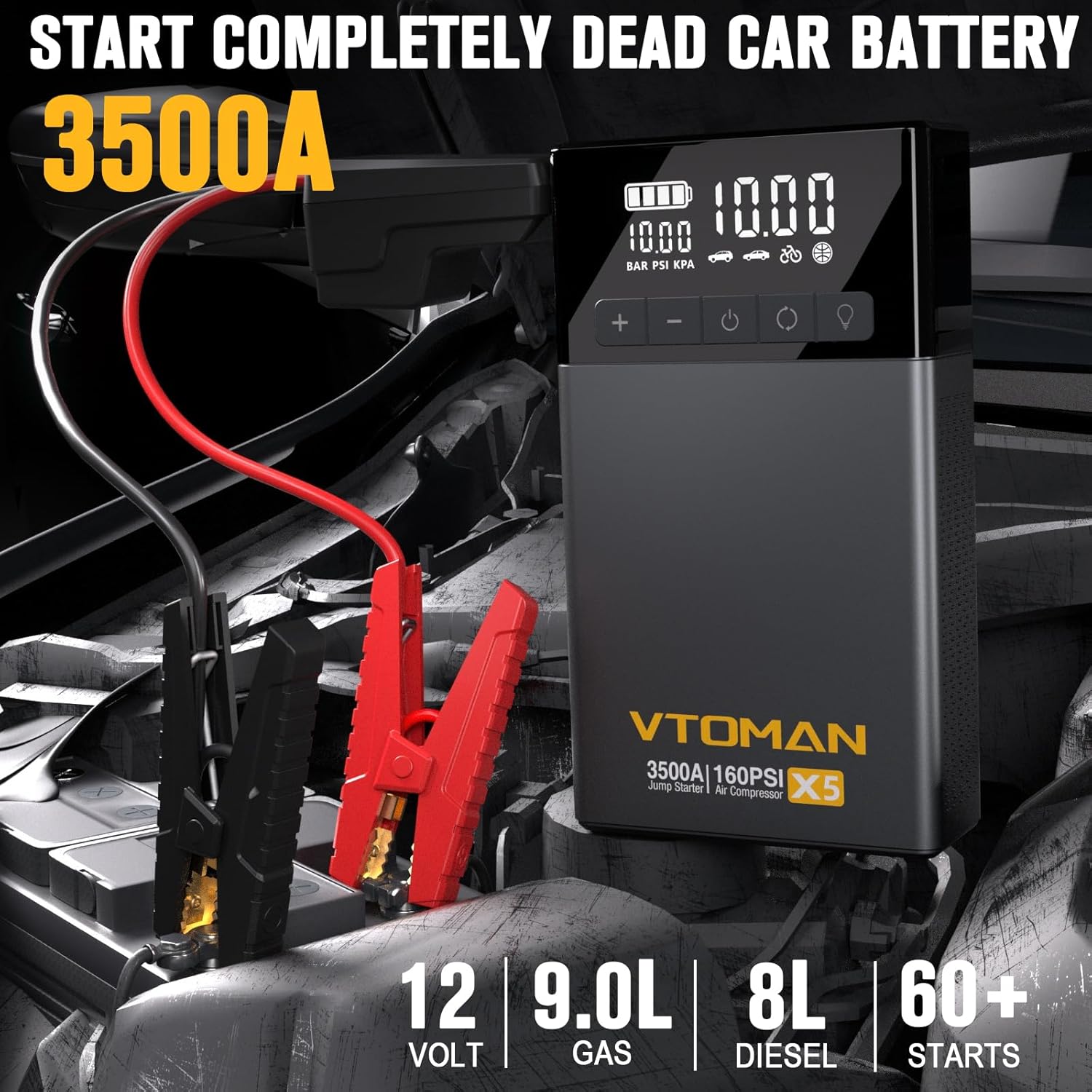 VTOMAN X5 Jump Starter with Air Compressor, 3500A Portable Car Battery Booster (Up to 9L Gas/8L Diesel Engines) with 160PSI Digital Tire Inflator, Type-C Quick Charge (Black and Gray)