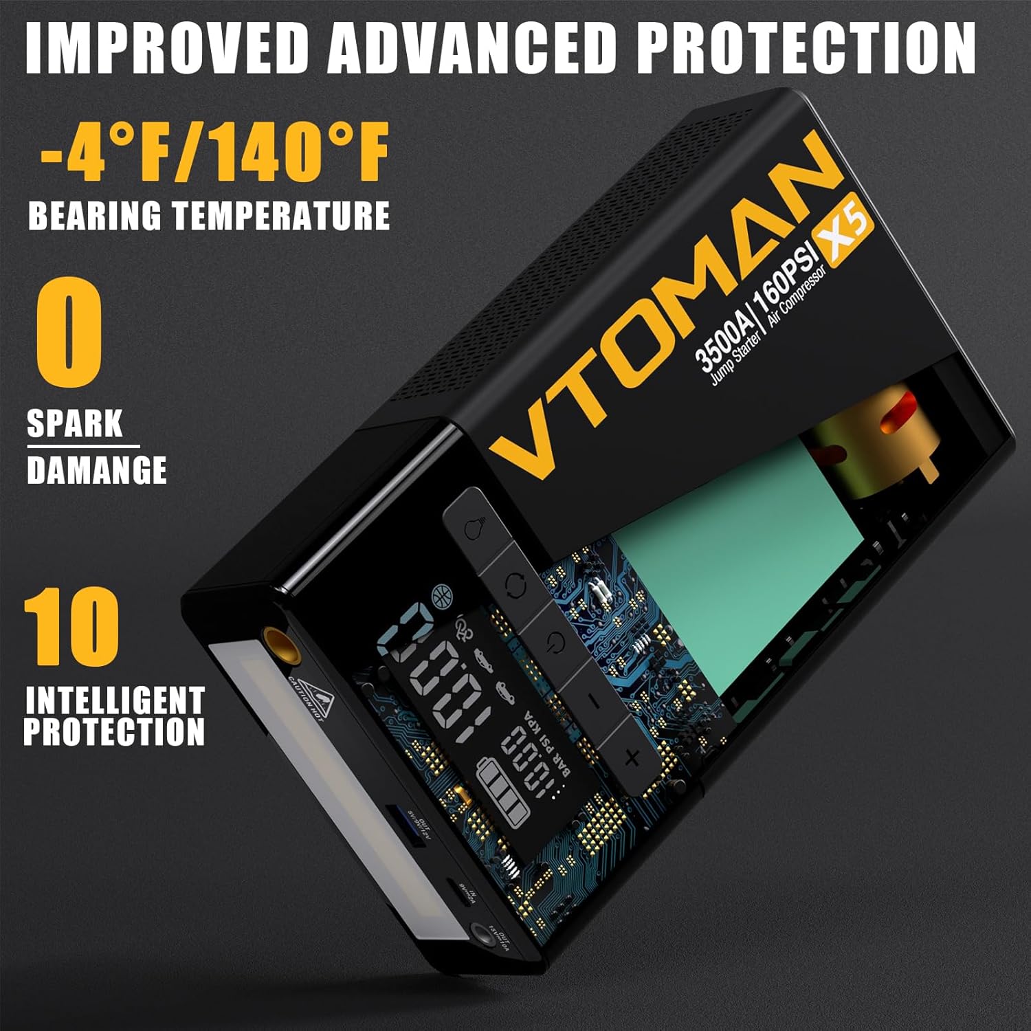 VTOMAN X5 Jump Starter with Air Compressor, 3500A Portable Car Battery Booster (Up to 9L Gas/8L Diesel Engines) with 160PSI Digital Tire Inflator, Type-C Quick Charge (Black and Gray)