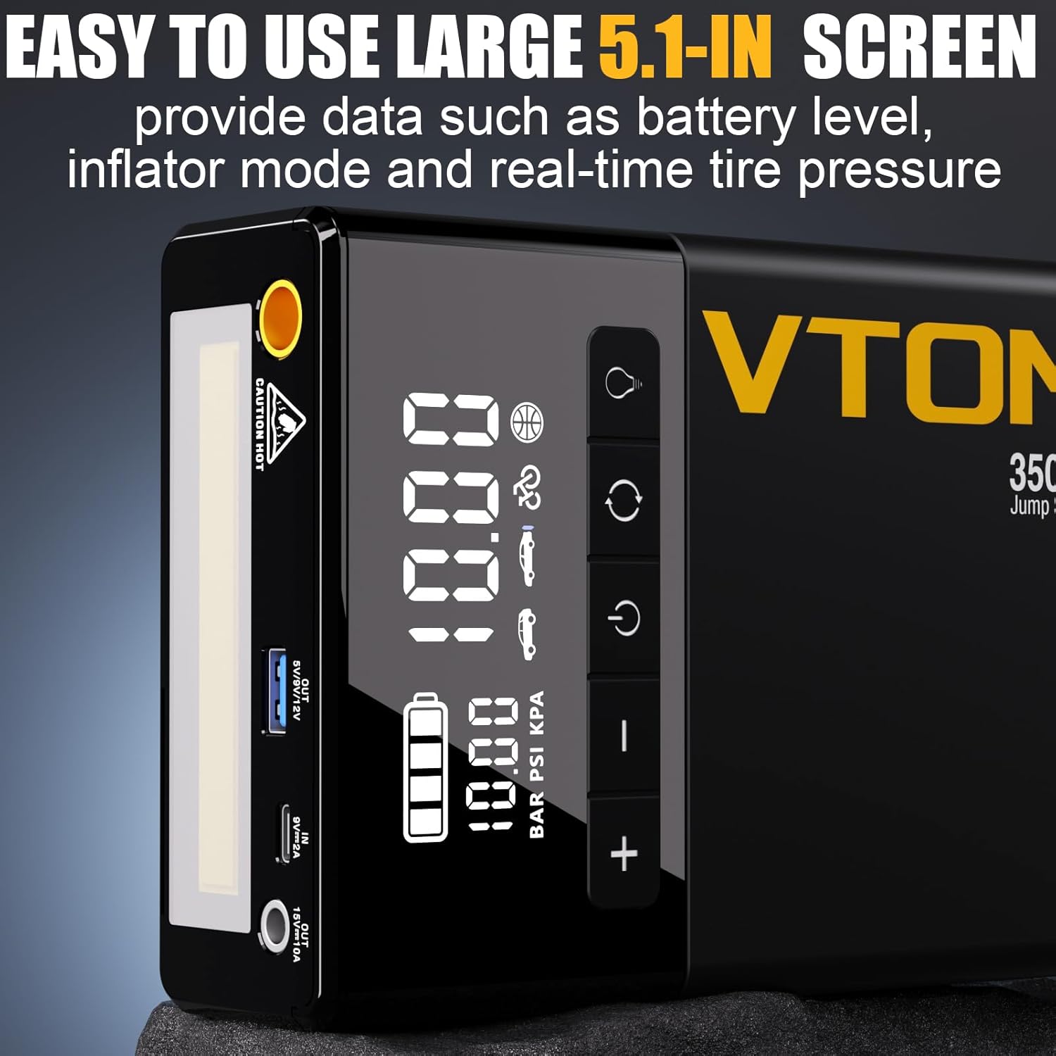 VTOMAN X5 Jump Starter with Air Compressor, 3500A Portable Car Battery Booster (Up to 9L Gas/8L Diesel Engines) with 160PSI Digital Tire Inflator, Type-C Quick Charge (Black and Gray)