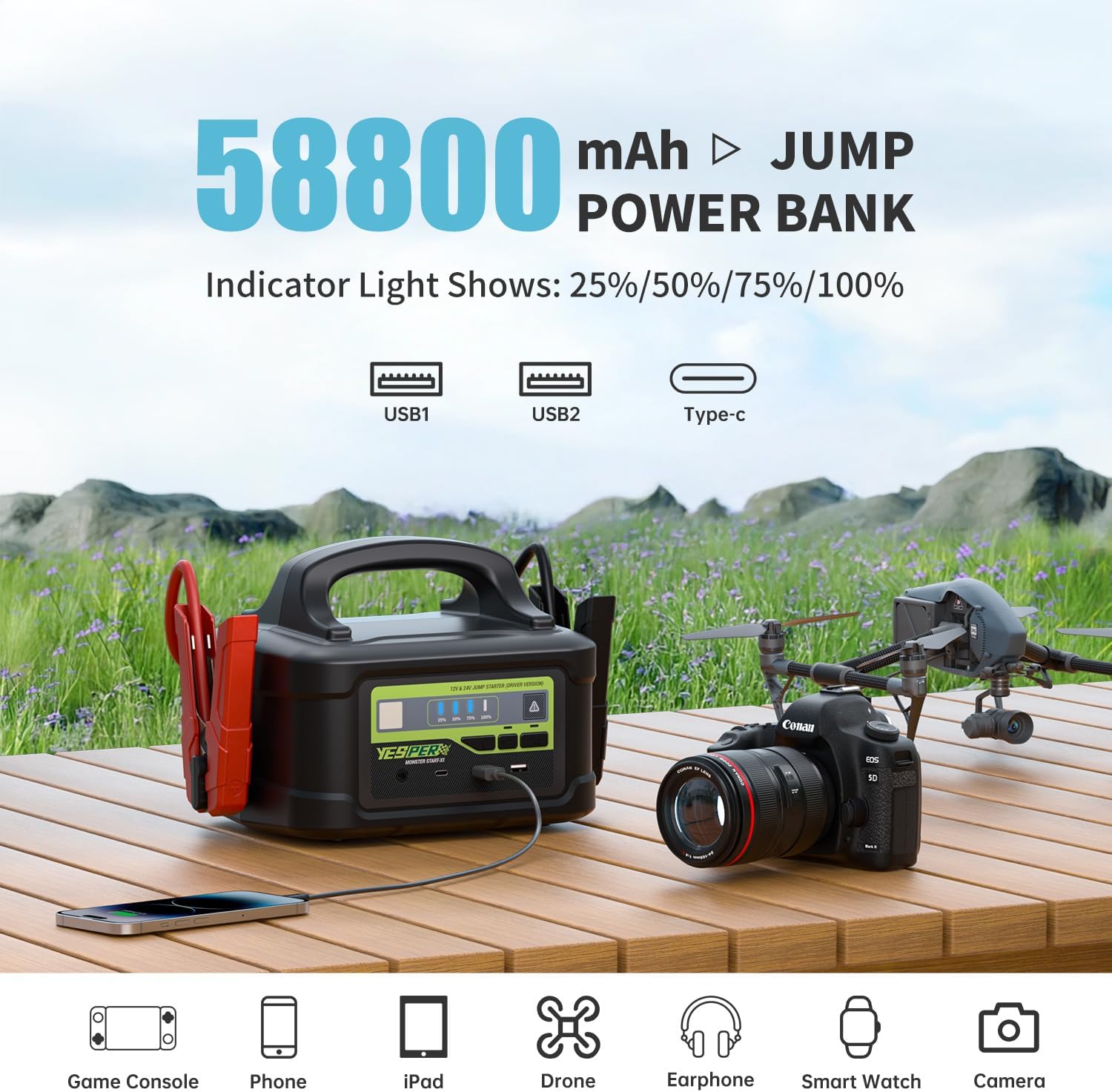 YESPER Car Jump Starter 6000A Peak, Portable 12V/24V Heavy Duty Truck Jumper Box, 58800mAh Battery Power Station Jump Pack(Up to All Gas/Diesel Engine), with Quick Charge AC Adapter, LED Lights