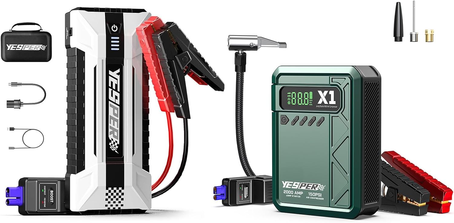 YESPER Car Jump Starter with Air Compressor, 2000A Peak Portable Jump Pack with 150PSI Digital Tire Inflator  Battery Jump Starter - 4120A Peak Portable Car Starter