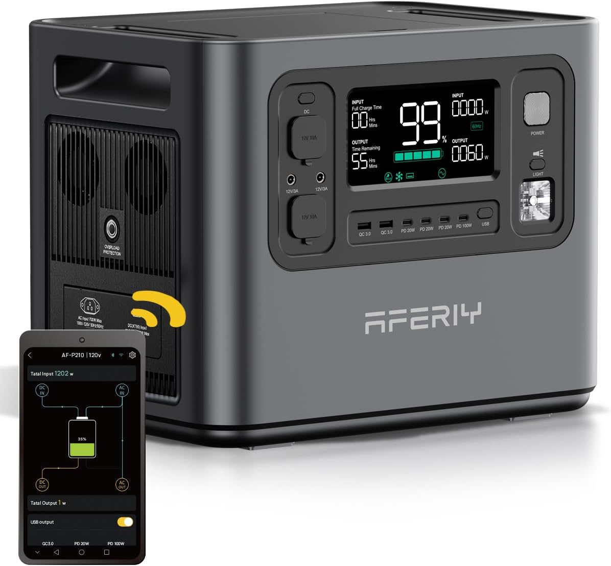AFERIY P210 Portable Power Station 2400W (4800W Peak),2048Wh LiFePO4 Battery Generator with 1100W AC Charging  500W Solar Charging,for Home Backup,Power Outages, Camping (Solar Panel Optional)