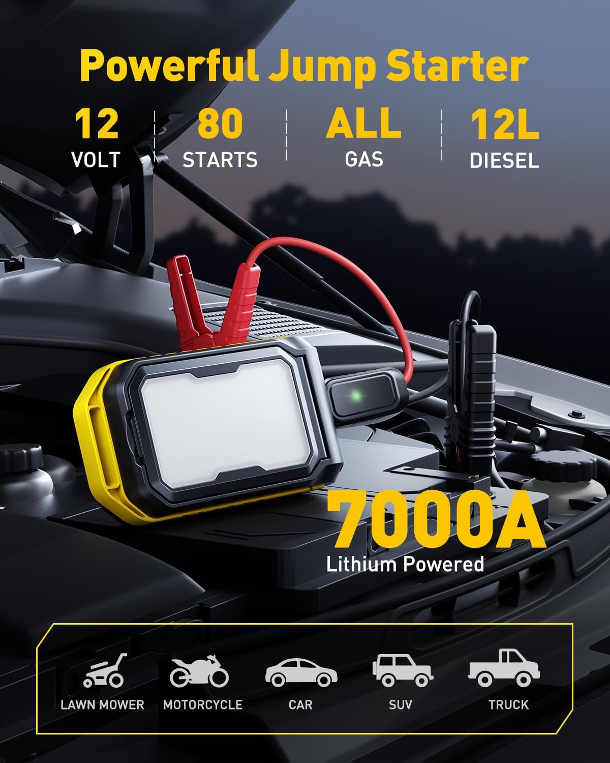 AUXITO Jump Starter: 7000A Portable Car Battery-Jumper for All Gas or up to 12L Diesel, 3 in 1 Multi-Function 12V Jump Box with 4000LM Camping Light and 16000mAh Power Bank