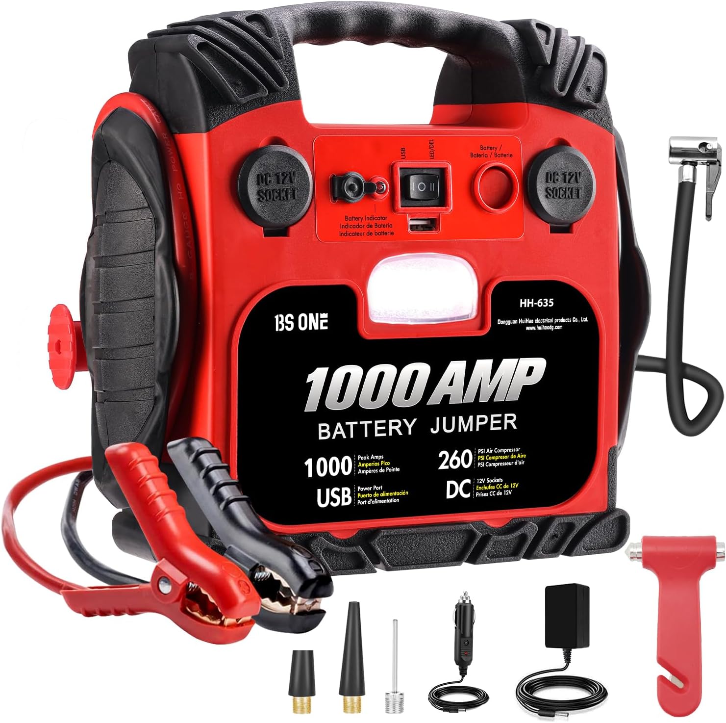 BS ONE 1000 Amp Peak Current Car Jump Stater, 12V Lead Acid Battey Jump Box with 260PSI Air Compressor, Jump Starter Battery Pack with Led Light  USB Output