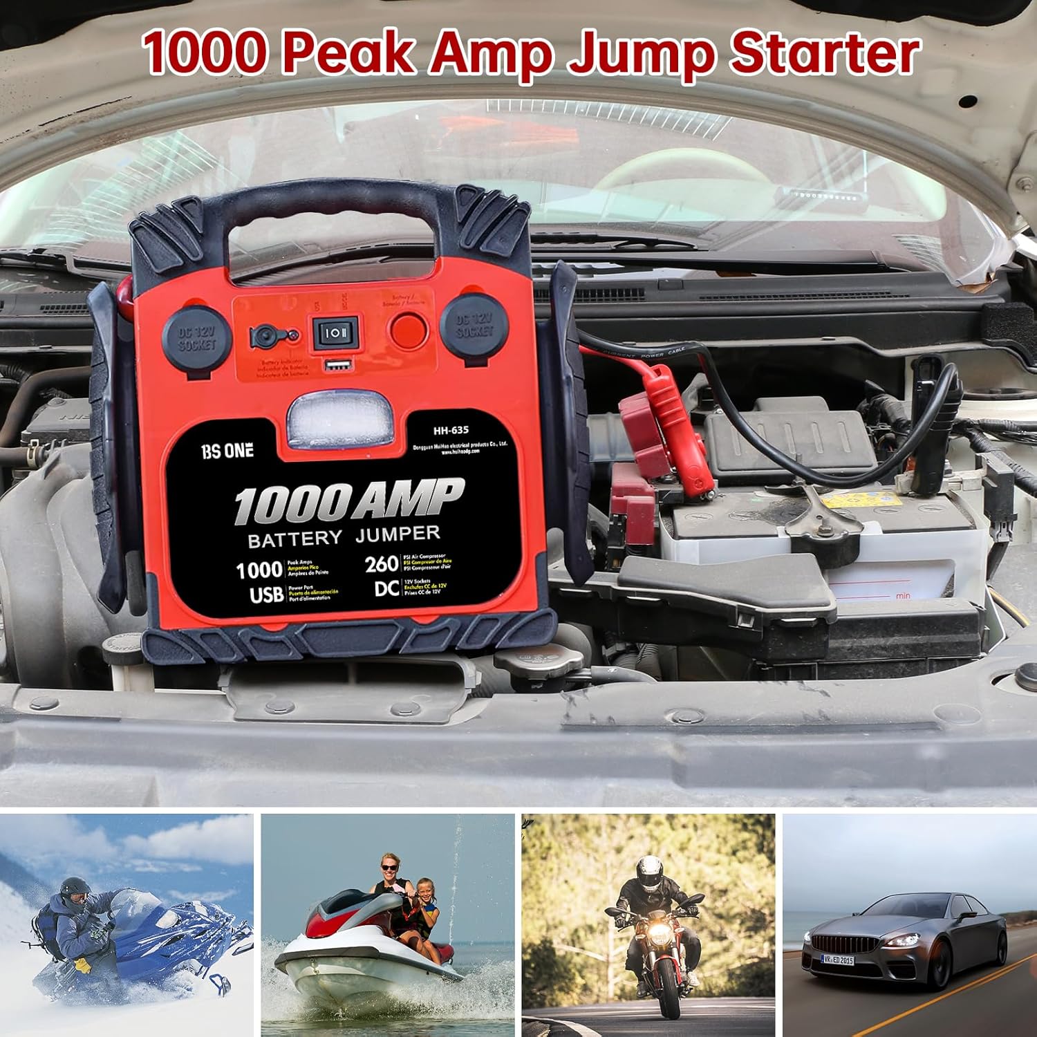 BS ONE 1000 Amp Peak Current Car Jump Stater, 12V Lead Acid Battey Jump Box with 260PSI Air Compressor, Jump Starter Battery Pack with Led Light  USB Output
