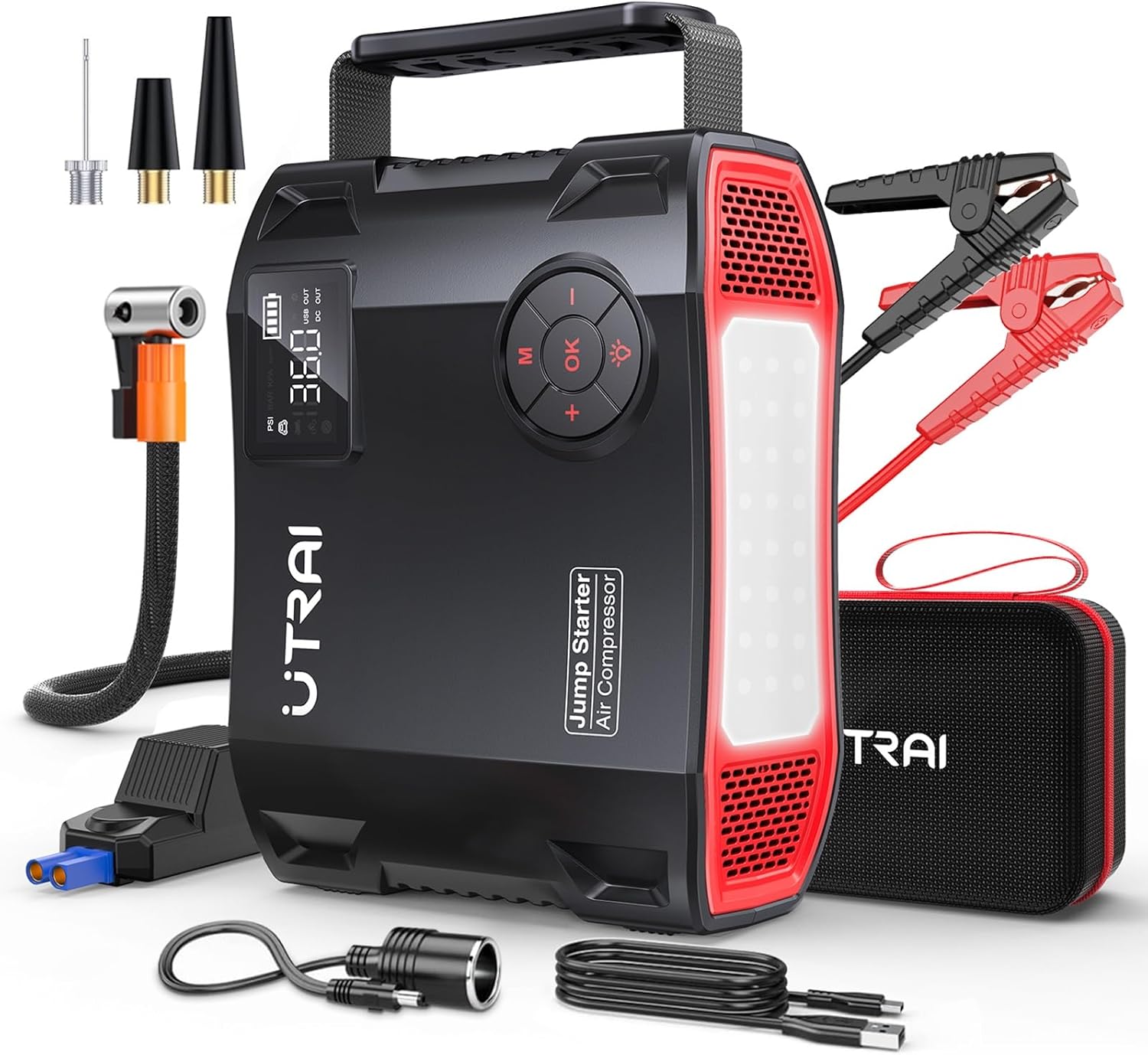 Jump Starter with Air Compressor, 6000A 27000mAh Car Battery Booster with 150PSI Tire Inflator, Car Jump Starter Portable Jump Box (All Gas/10L Diesel), DC160W, QC3.0 Jumper Cables, 1600LM Light