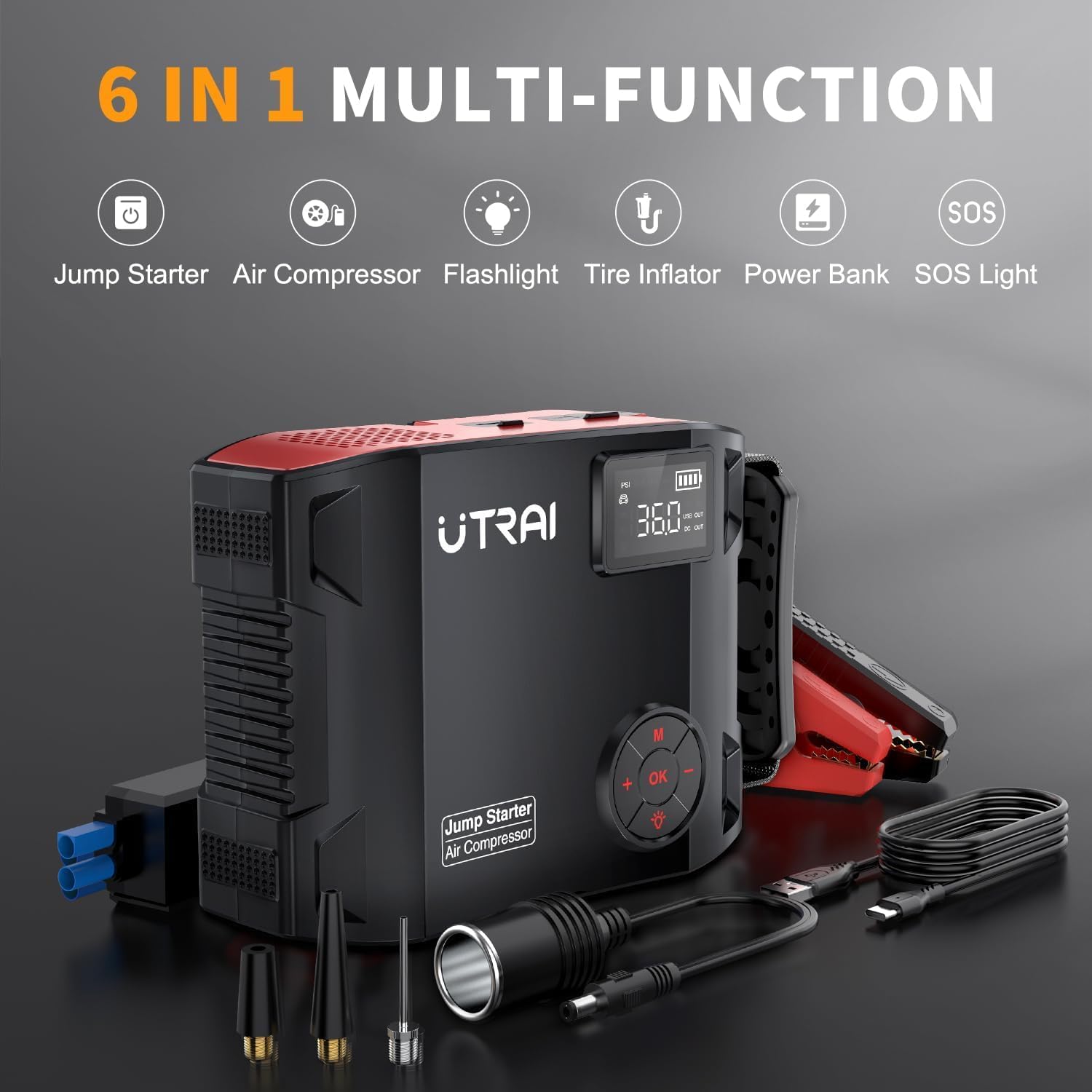 Jump Starter with Air Compressor, 6000A 27000mAh Car Battery Booster with 150PSI Tire Inflator, Car Jump Starter Portable Jump Box (All Gas/10L Diesel), DC160W, QC3.0 Jumper Cables, 1600LM Light