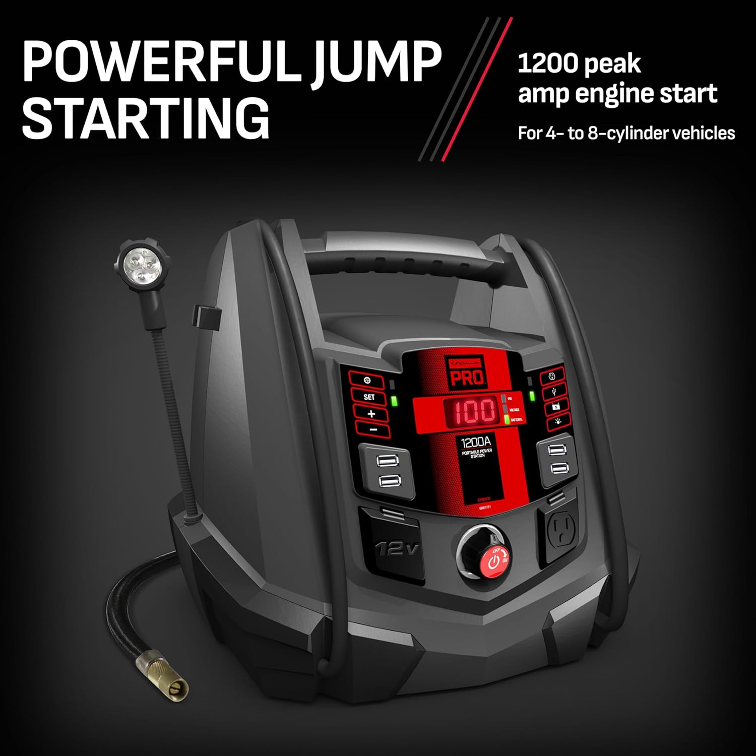 Schumacher Electric Jump Starter and Portable Power Station, 5-in-1 with Inverter, Air Compressor, and Work Light, SPR1631-1200 Peak Amps, 12 Volt, for Cars, Trucks, RVs and Marine Batteries