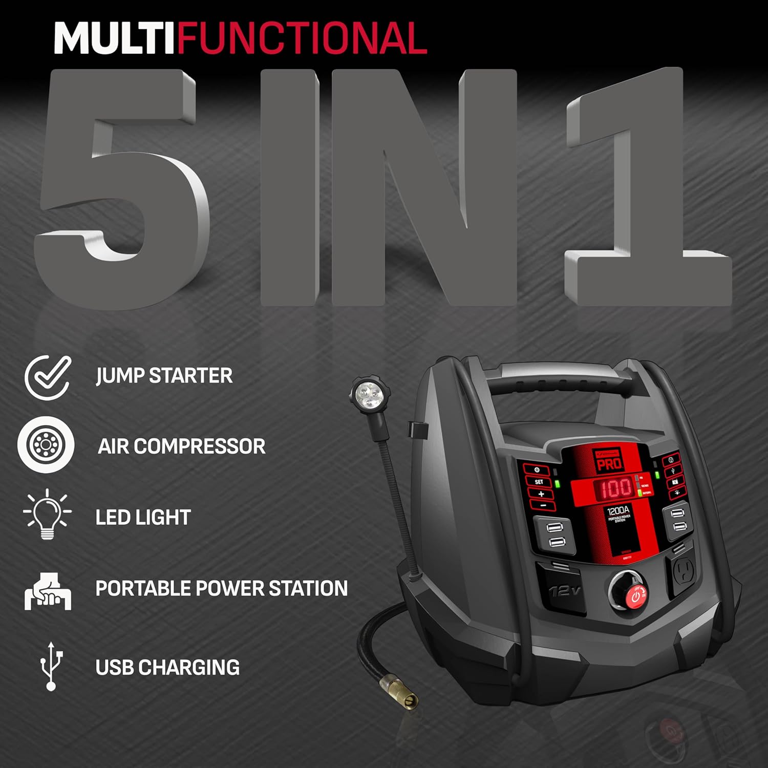 Schumacher Electric Jump Starter and Portable Power Station, 5-in-1 with Inverter, Air Compressor, and Work Light, SPR1631-1200 Peak Amps, 12 Volt, for Cars, Trucks, RVs and Marine Batteries