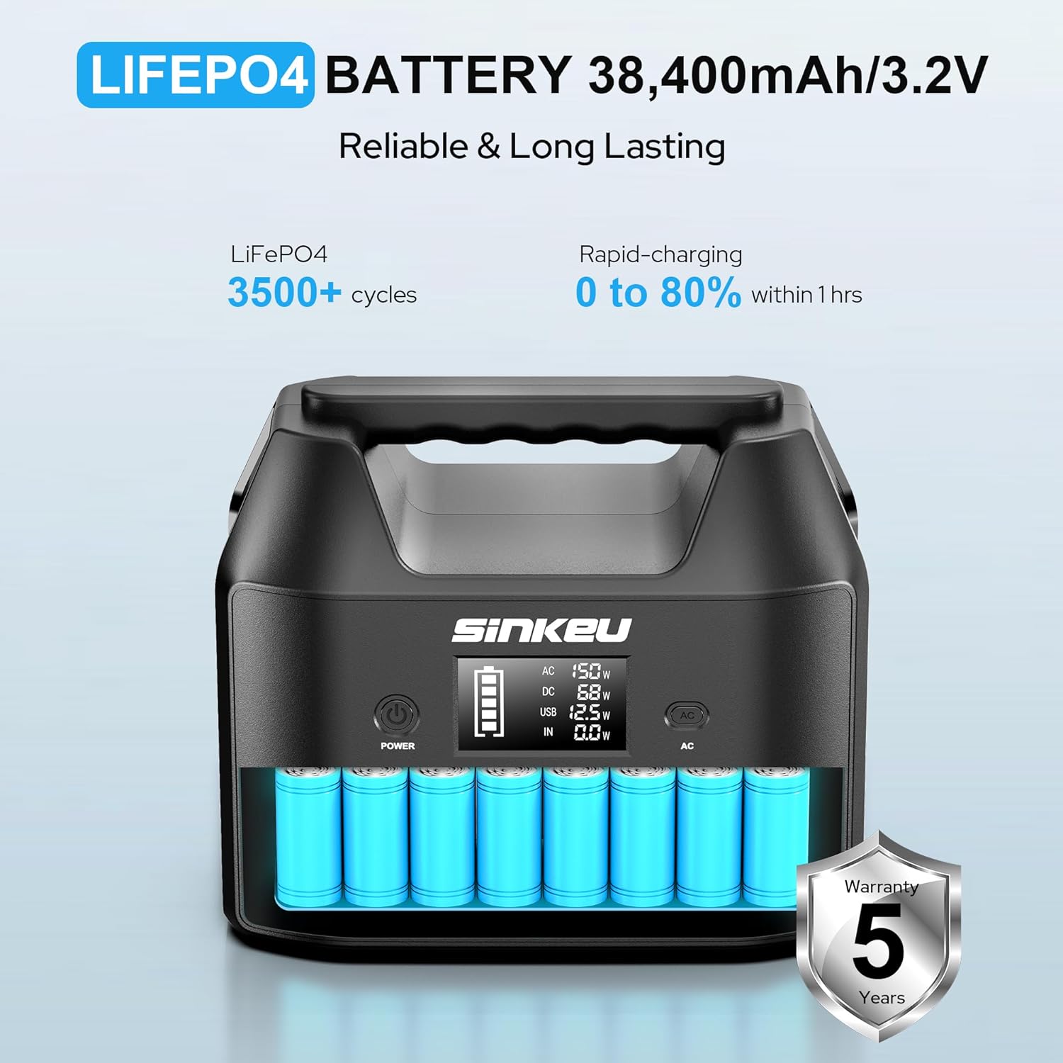SinKeu Portable Power Station 122.8Wh, LiFePO4 Battery Solar Generator for Home Use, 150W Power Bank with AC Outlet for Camping, RV, Emergency Backup