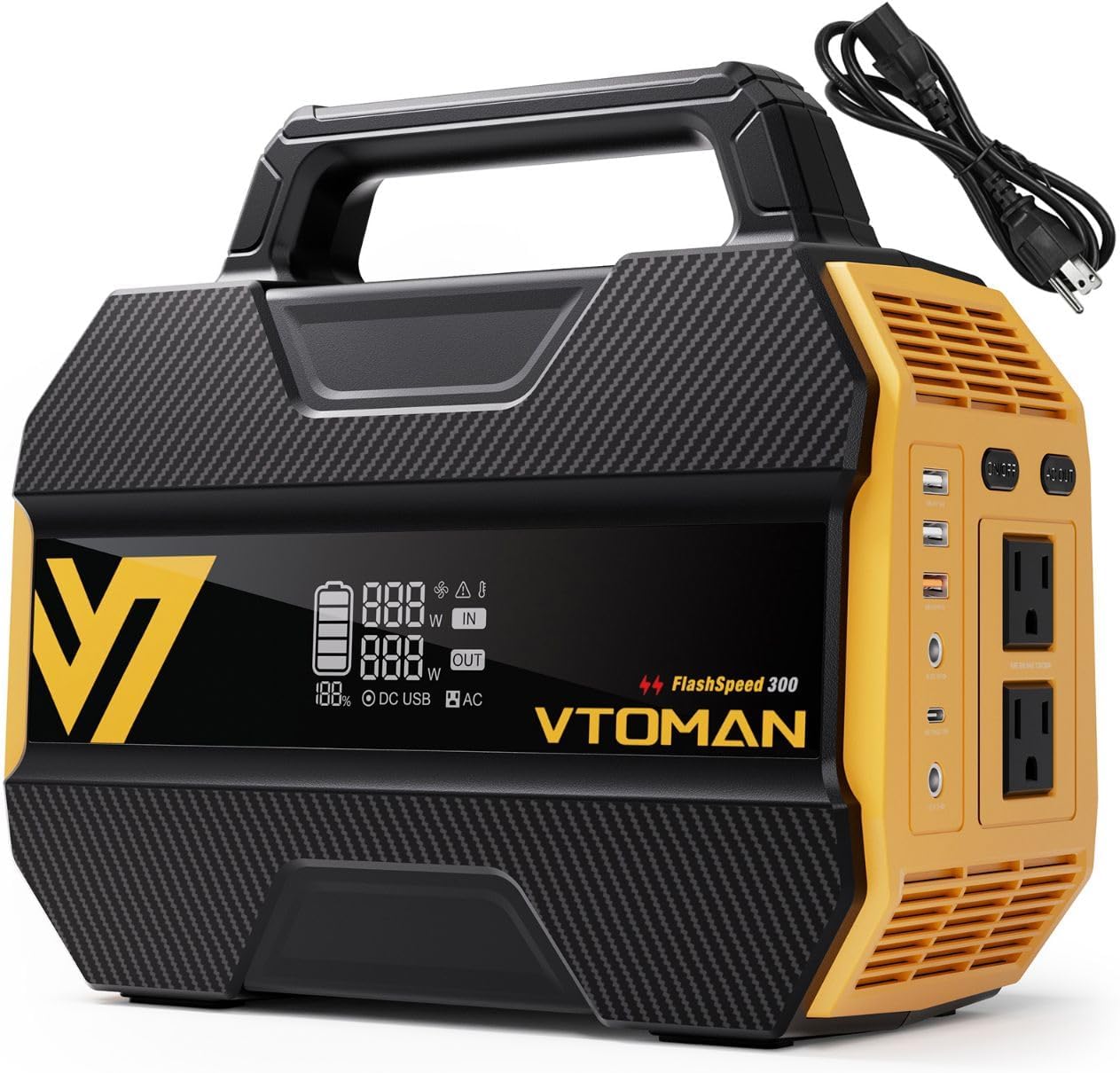 VTOMAN FlashSpeed 300 Portable Power Station 70000mAh, Only 7.4lbs with 7 Outlets, LiFePO4 Generator with Up to 600W AC Outlet, 12V/24V DC Input Adapt RV/Van, PD 100W Type-C for Power Outage, Camping