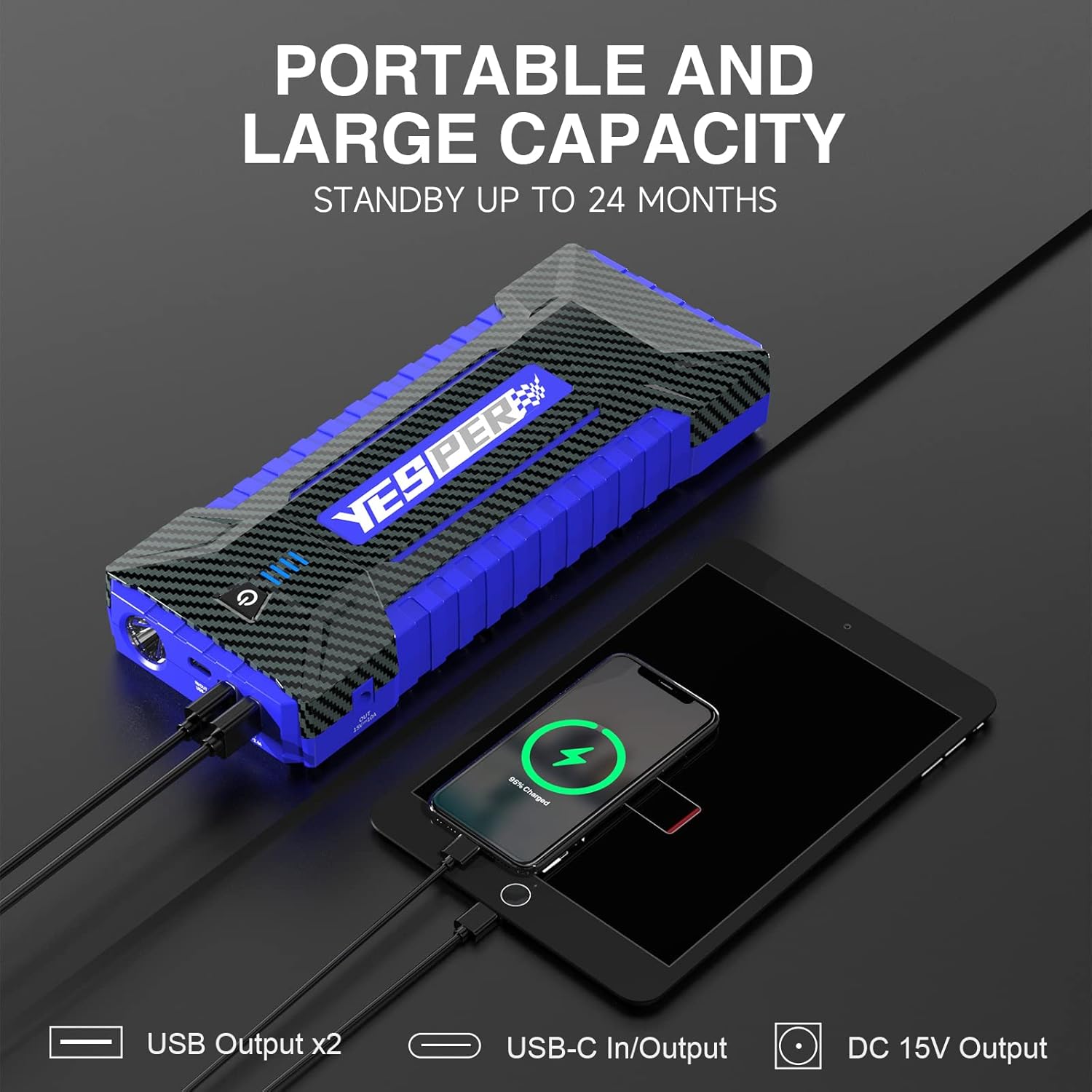 YESPER Jump Starter 6000A, 218Wh Portable Power Station Jumper Box for Car Battery(Up to All Gas/Diesel Engine), 12V/24V Heavy Duty Truck Battery Jump Pack with Quick Charge AC Adapter, LED Lights