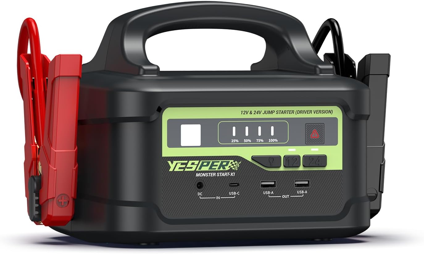 YESPER Jump Starter 6000A, 218Wh Portable Power Station Jumper Box for Car Battery(Up to All Gas/Diesel Engine), 12V/24V Heavy Duty Truck Battery Jump Pack with Quick Charge AC Adapter, LED Lights