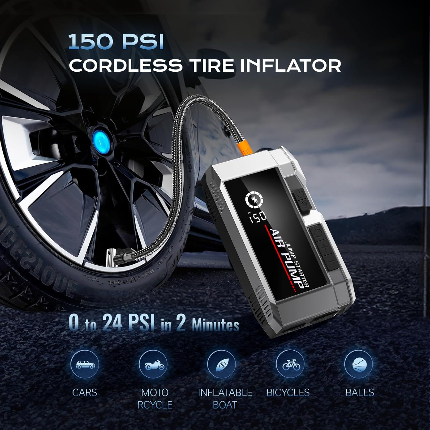 10 in 1 Car Jump Starter with Air Compressor 7000A, 35000mAh Battery Jumper Starter Portable, Jump Starter Battery Pack (All Gas/12.0L Diesel),150PSI Tire Inflator, 70 Starts 12V Auto Booster