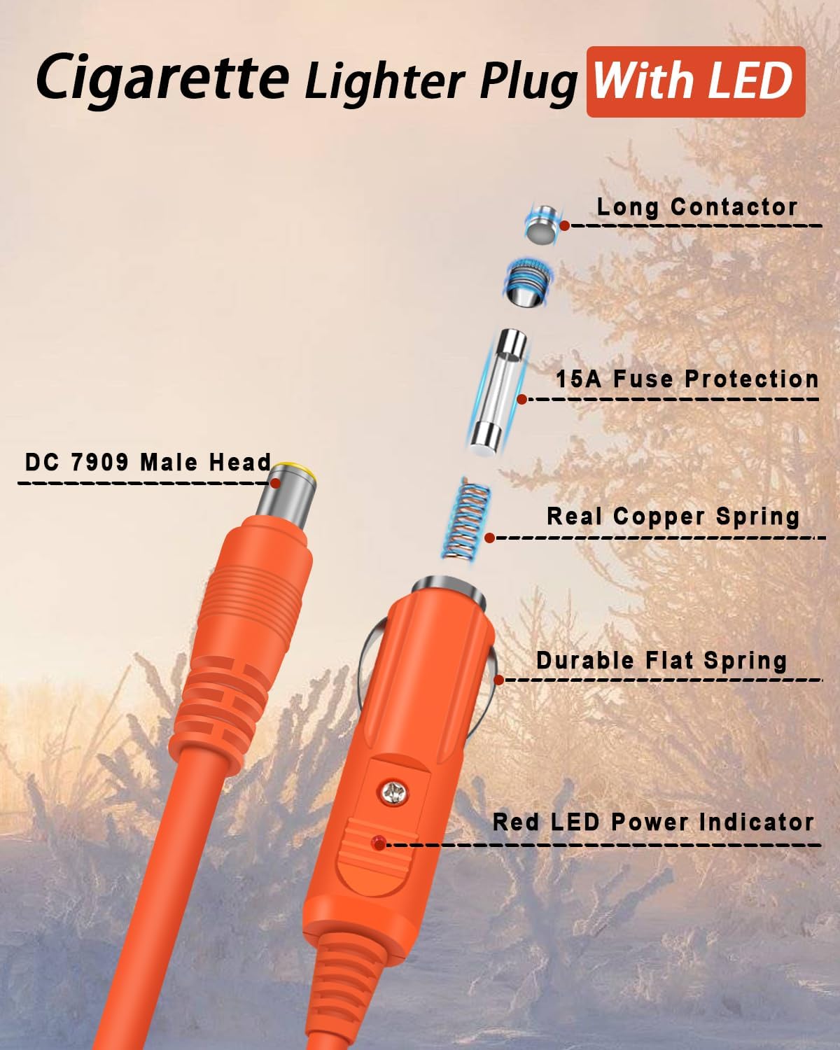 14AWG Car Charging Cable for Jackery Portable Power Station Explorer 3000 2000 1500 1000 500 880 550 300 290 240 160 Jackery Accessories Cigarette Lighter Charger DC Adapter Cord 2M - Orange