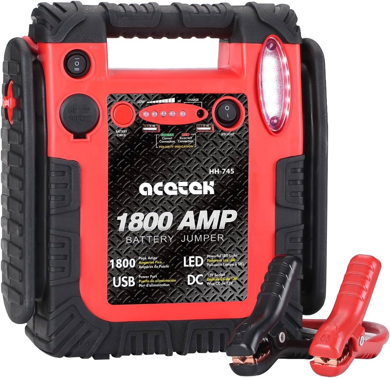 1800 Amp Car Jump Starter Portable Battery Charger, 20000 mAh Emergency Supply Power Pack (Up to 6 L Gas or 6 L Diesel Engine), 12V Auto Lead-Acid Battery Booster with LED Light  USB Ports