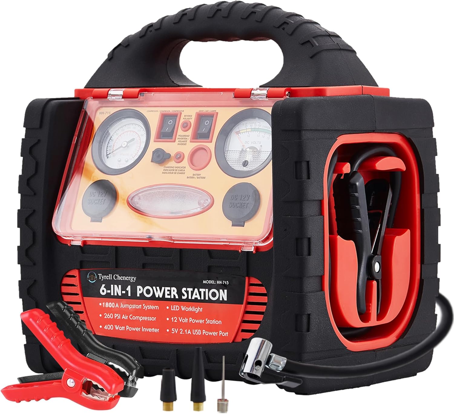 1800 Amp Car Jump Starter with Air Compressor,Portable Power Station with 260 PSI Tire Inflator,400W Power Inverter Dual AC/DC Ports,2.1A USB Port,Battery Clamps 1800 Amp Car Jump Starter with Air Compressor,Portable Power Station with 260 PSI Tire Inflator,400W Power Inverter Dual AC/DC Ports,2.1A USB Port,Battery Clamps