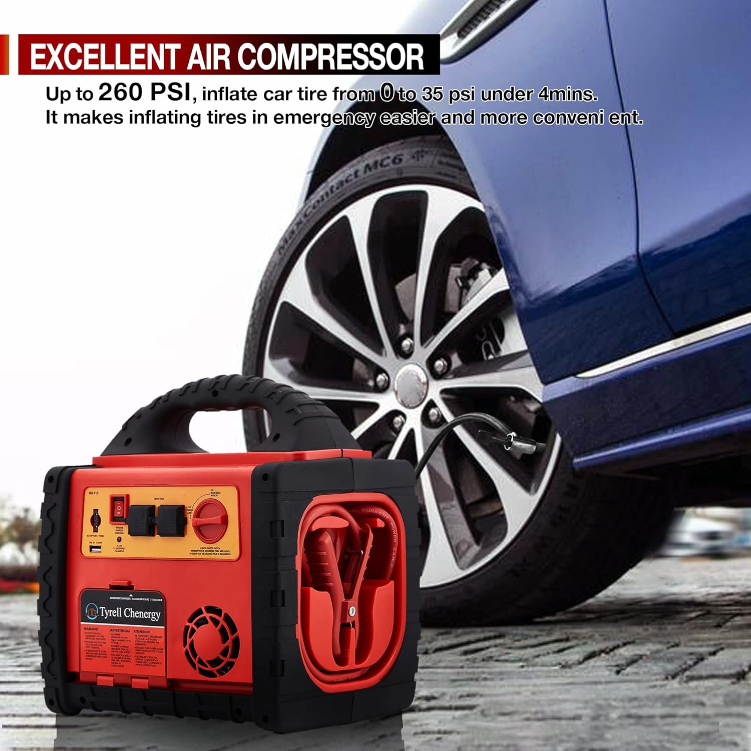 1800 Amp Car Jump Starter with Air Compressor,Portable Power Station with 260 PSI Tire Inflator,400W Power Inverter Dual AC/DC Ports,2.1A USB Port,Battery Clamps 1800 Amp Car Jump Starter with Air Compressor,Portable Power Station with 260 PSI Tire Inflator,400W Power Inverter Dual AC/DC Ports,2.1A USB Port,Battery Clamps