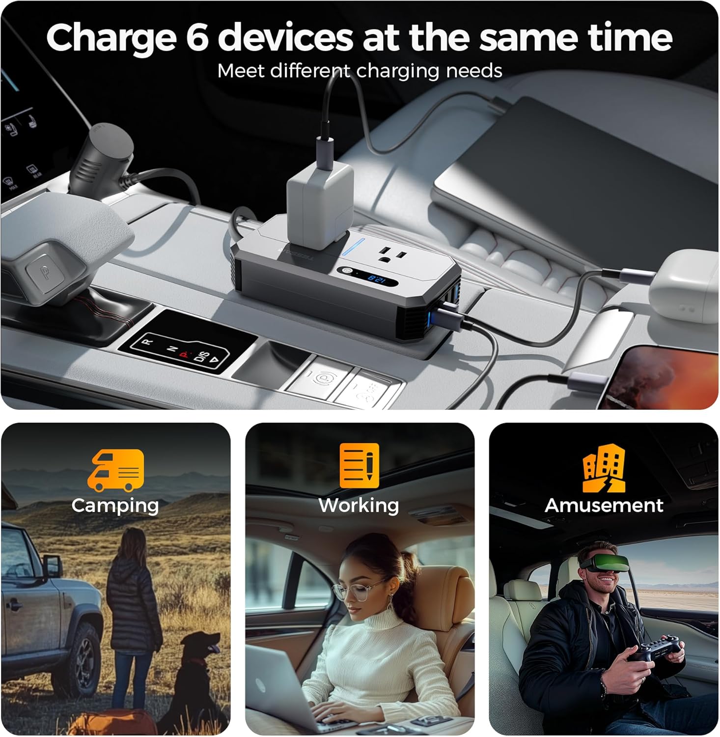 200W Car Power Inverter, TESSAN 12V DC to 110V AC Converter with 2 AC Outlets and 4 USB Ports, PD/QC 3.0 Fast Charging, Car-Essentials for Camping, Road Trip, Gray