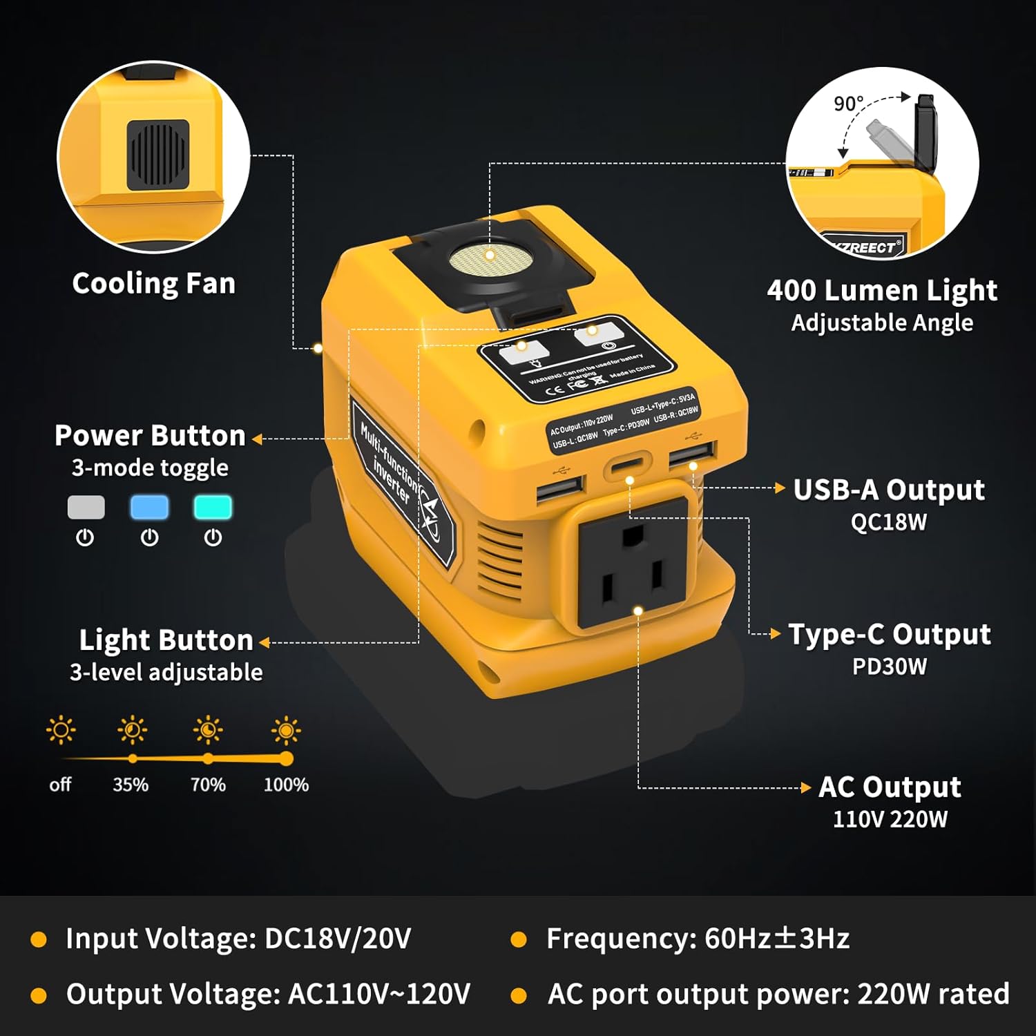 220W Power Inverter Compatible with Dewalt 18V/20V Battery Inverter DC 18V to AC 110V Portable Power Station Generator with 2 USB Ports  1 Type-C  1 AC Outlet, 400 Lumen Light