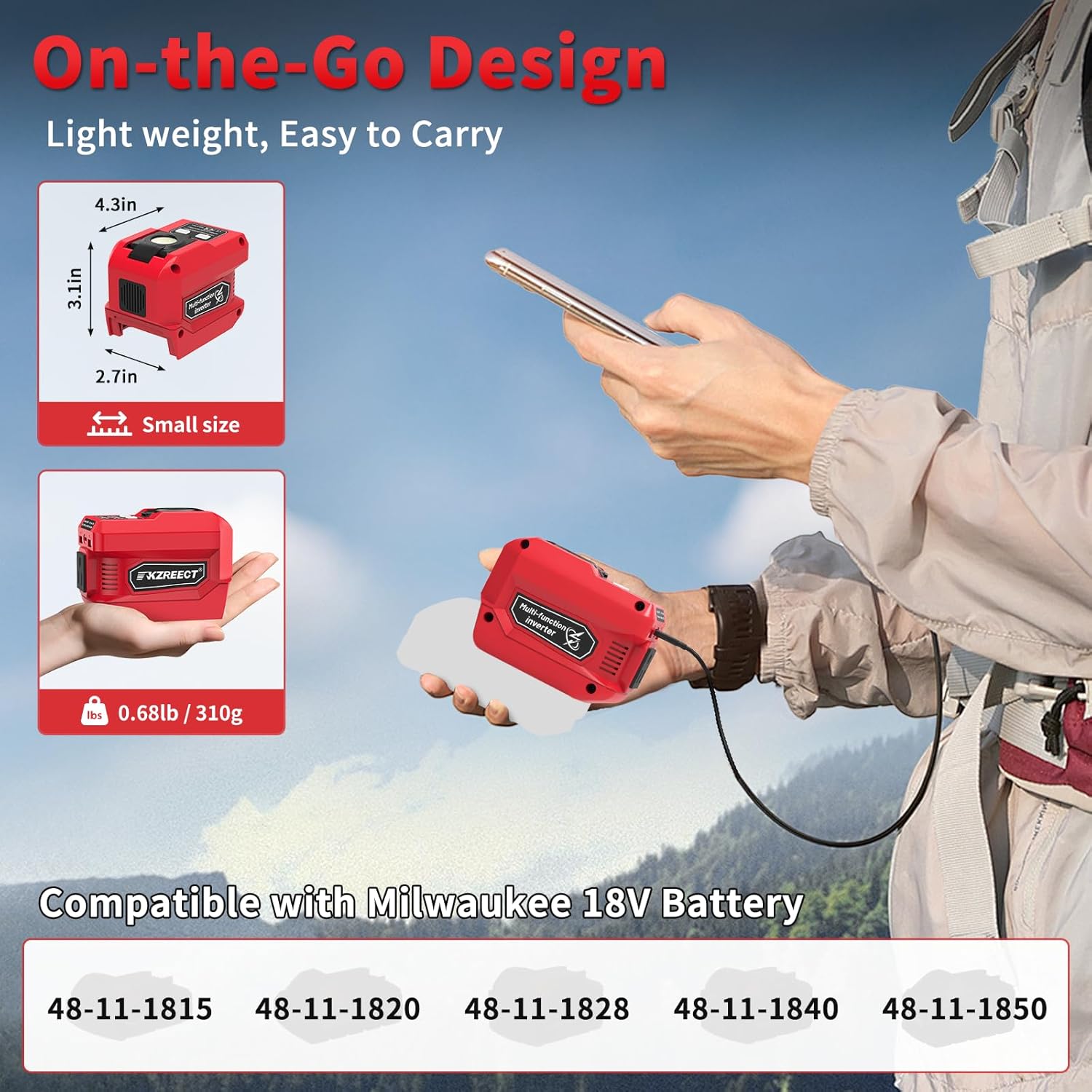 220W Power Inverter Compatible with Dewalt 18V/20V Battery Inverter DC 18V to AC 110V Portable Power Station Generator with 2 USB Ports  1 Type-C  1 AC Outlet, 400 Lumen Light