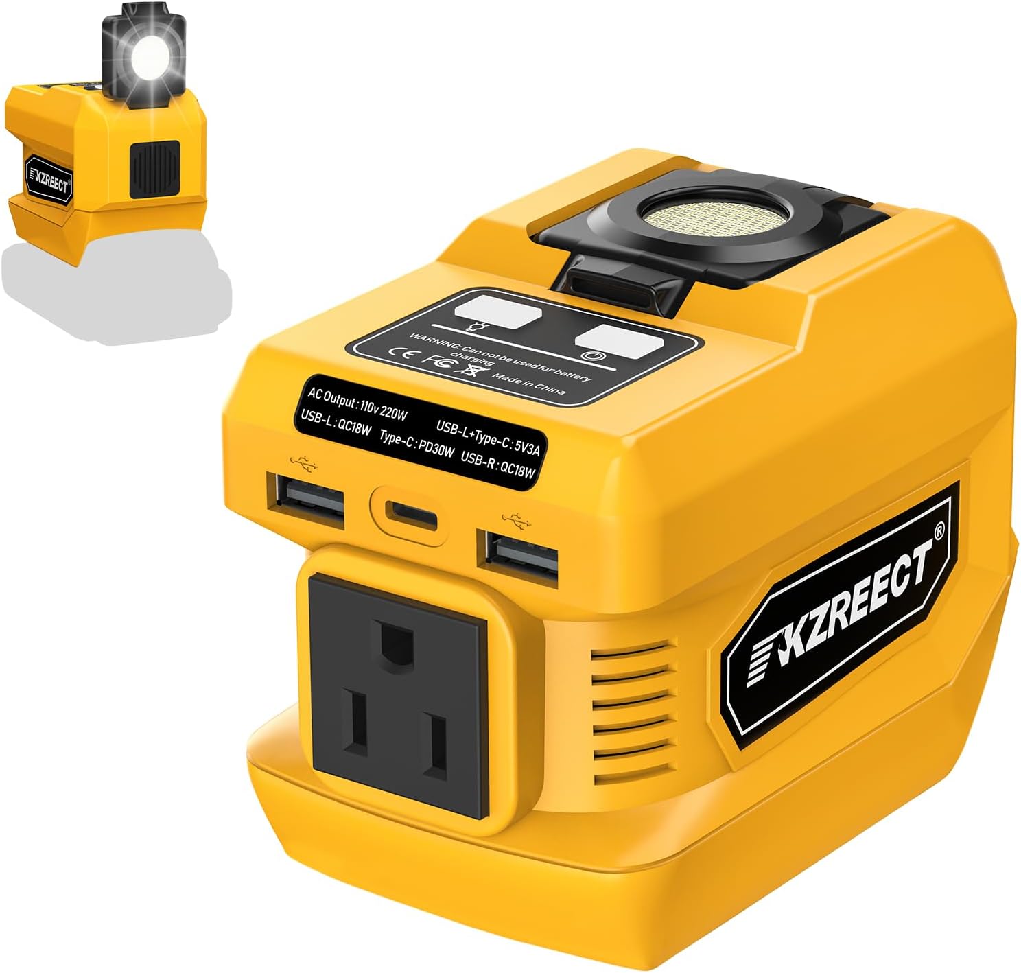 220W Power Inverter Compatible with Dewalt 18V/20V Battery Inverter DC 18V to AC 110V Portable Power Station Generator with 2 USB Ports  1 Type-C  1 AC Outlet, 400 Lumen Light