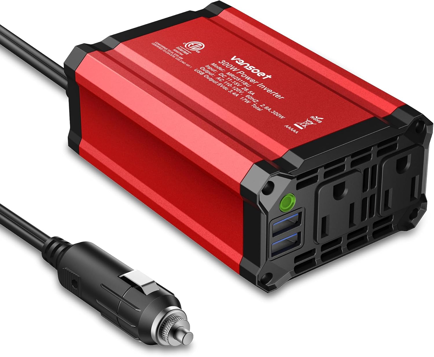 300W DC 12V to 110V Car Power Inverter with 2 AC Outlets and 3.4A Dual USB Ports, Car Plug Adapter Outlet Converter