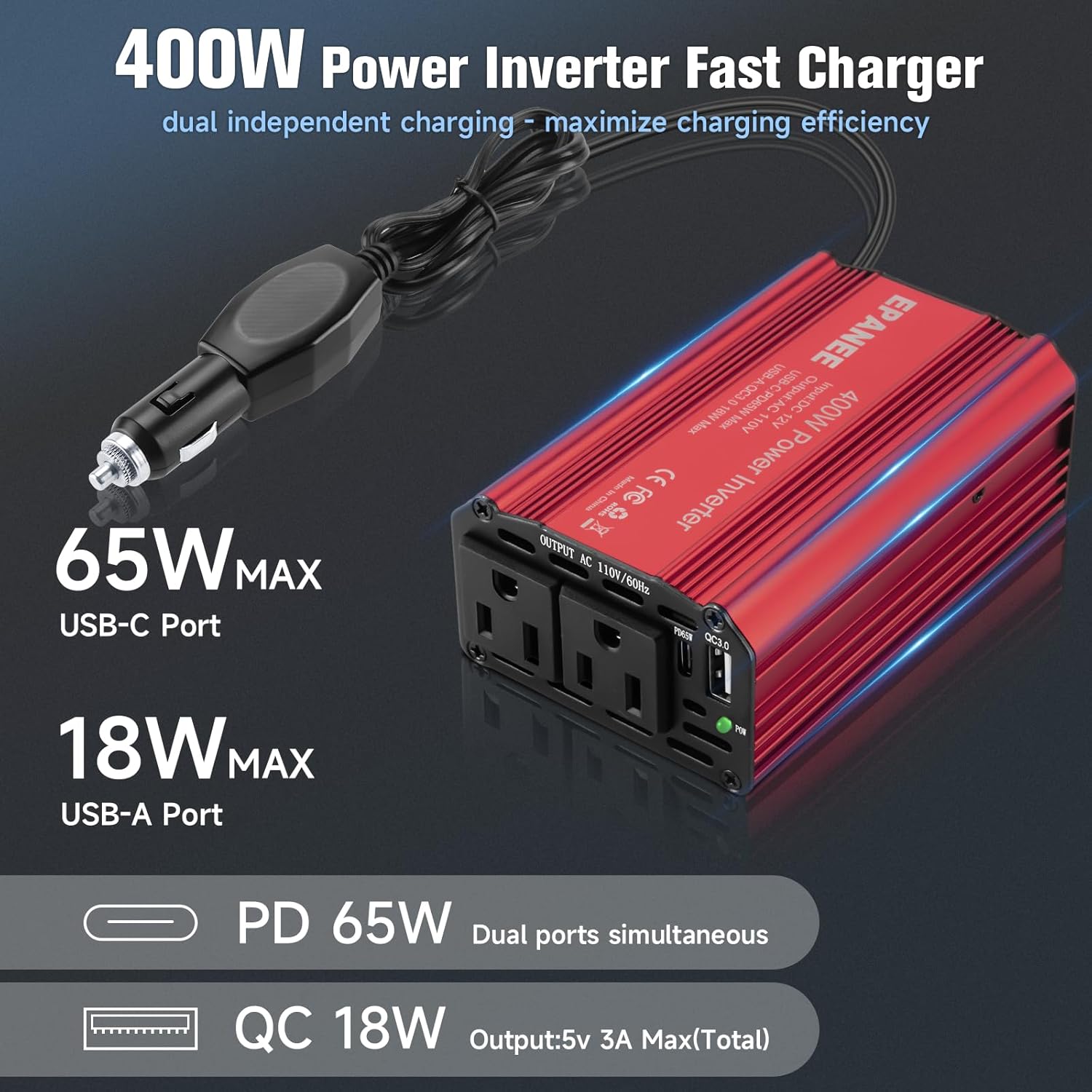 400W Power Inverter 12V DC to 110V AC, Car Charger Plug in Adapter Outlet with PD 65W USB-CQC 18W Port, Portable Power Converters for Laptop Vehicles Camping Road Trip Essentials Adults-Black