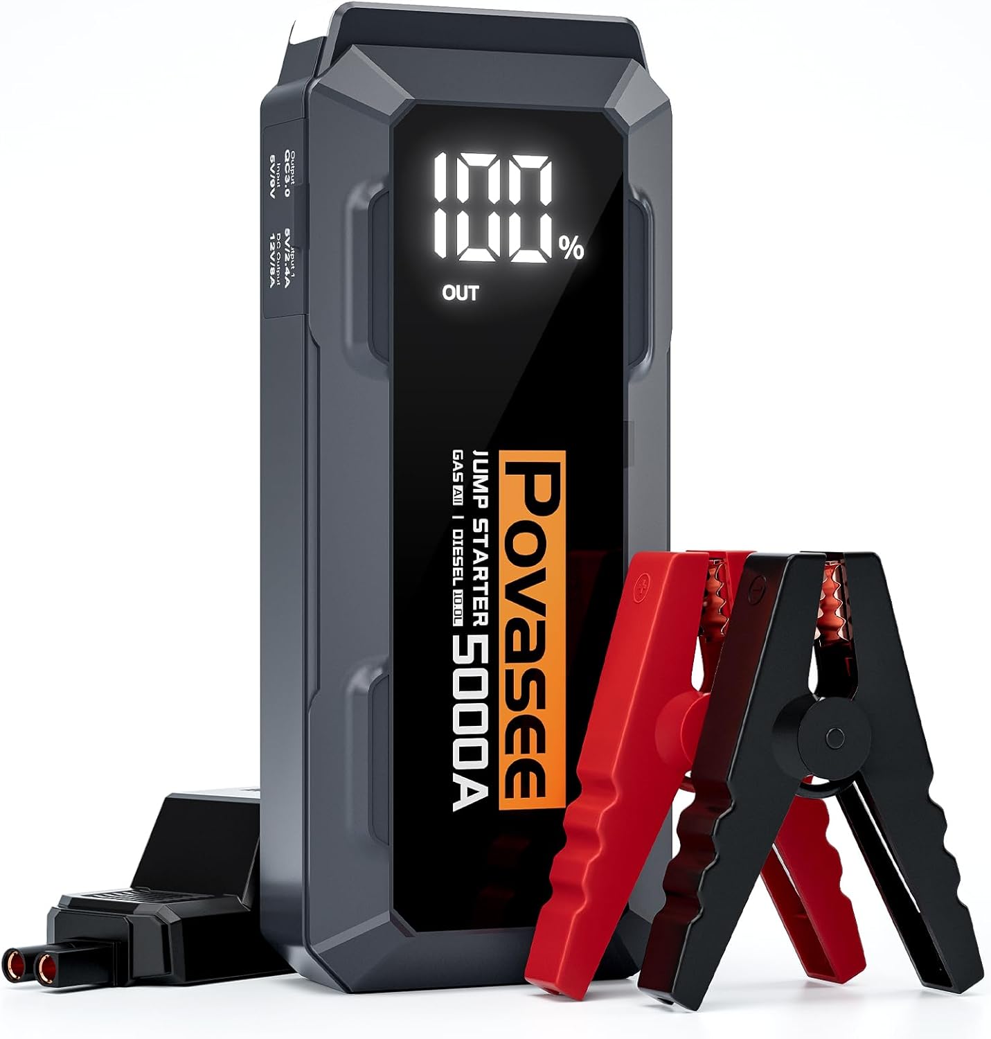 5000A Jump Starter Povasee Car Battery Jump Starter, 12V Jump Box for car up to All Gas or 10L Diesel Engine Battery Jumper Starter Portable with 3 LCD Display Power Bank/Dual Output/LED Light