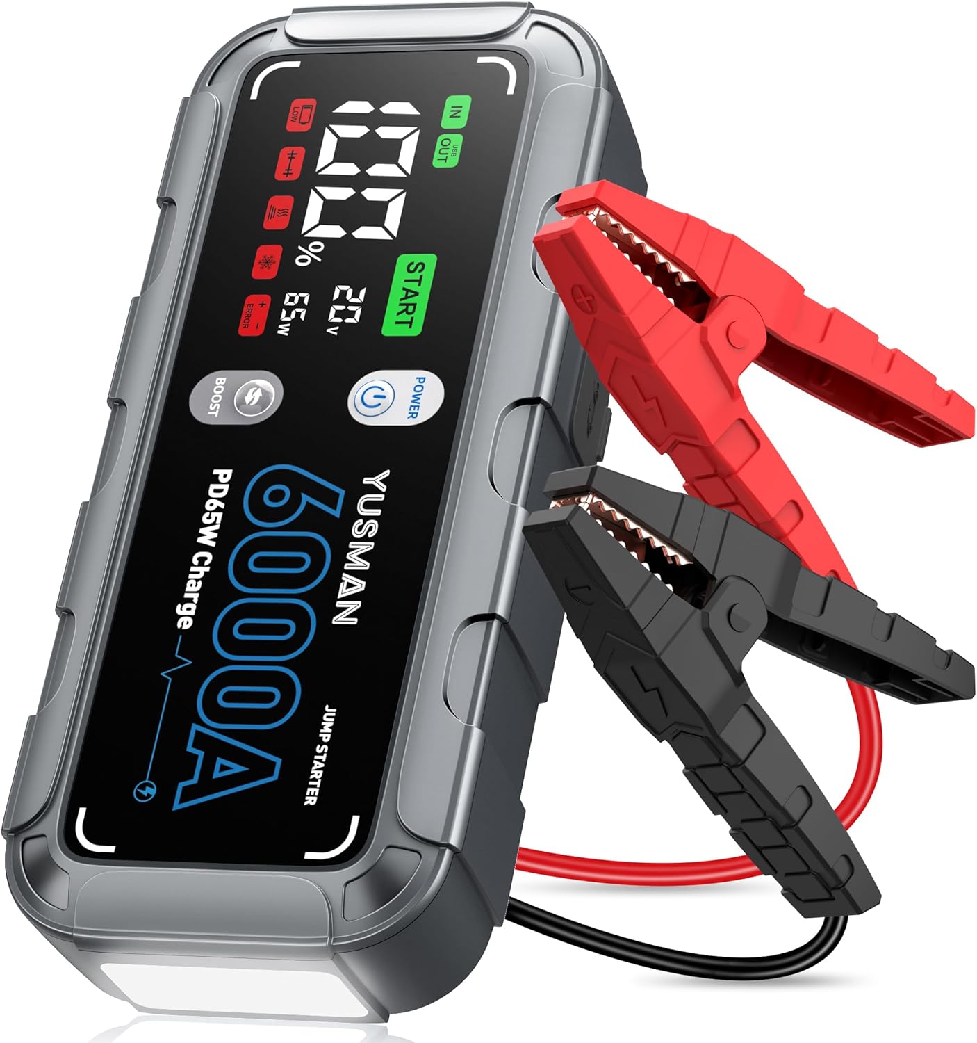 6000A Car Battery Jump Starter, 65W Quick Charger, 26800mAh Jump Starter Battery Pack(All Gas/12L Diesel) with Booster, 12V Portable Jump Starter with Jumper Cables, 4-Mode Lights