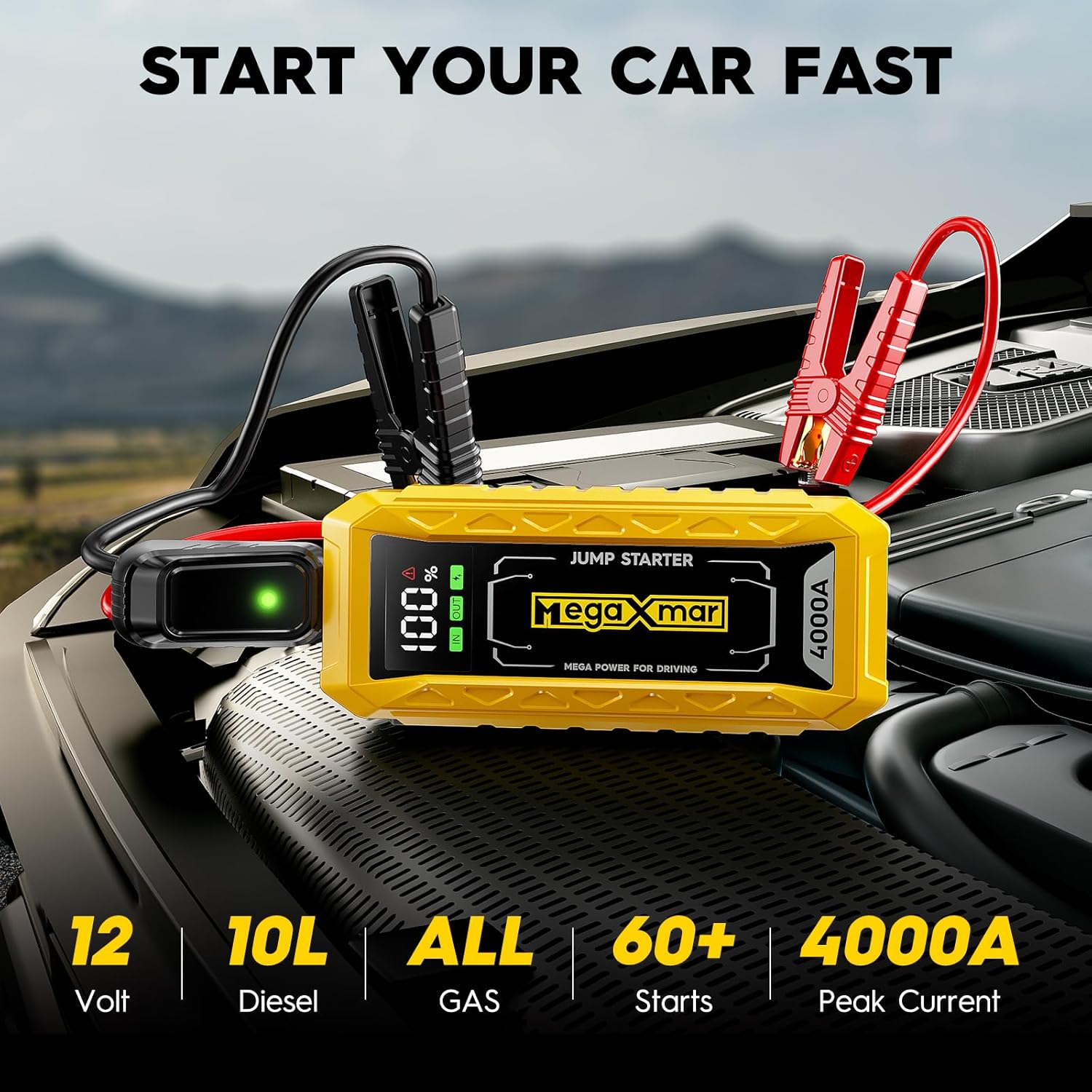 60w PD Battery Jump Starter 27000mAh 4000A, All Gas, 10L Diesel Engine, 12V car Battery Portable Jumper Box, Type C Booster Car Jumper Cable Pack