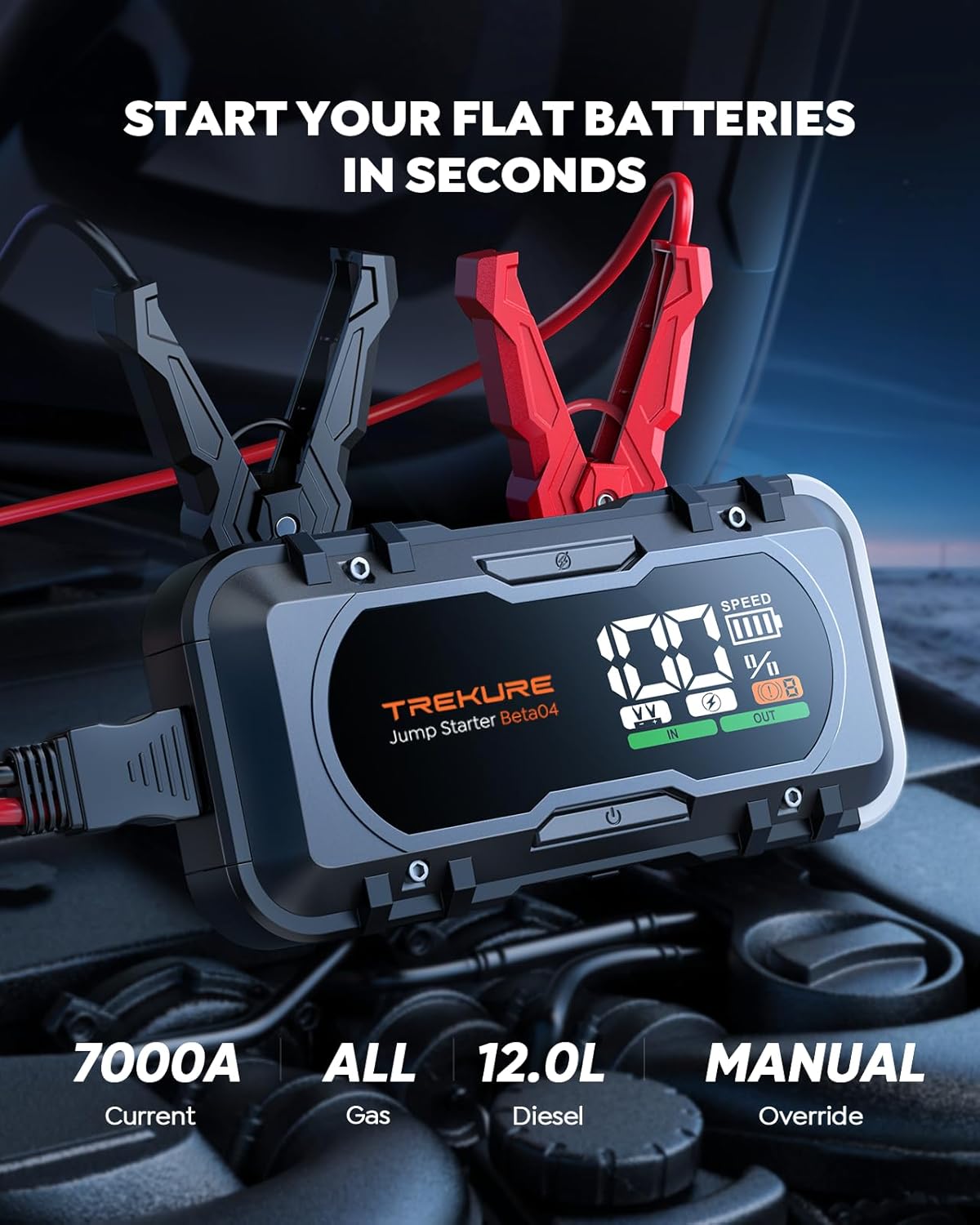 8-in-1 Car Battery Jump Starter 7000A Peak 65W Fast Charging Portable Car Battery Jumper Starter Portable (All Gas/10L Diesel) Jump Box with Extended Jumper Cables