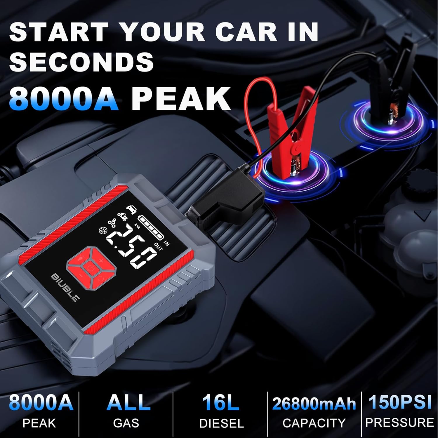 8000A Jump Starter with Air Compressor, 26800mAh Car Battery Jump Starter (All Gas/16L Diesel), 150PSI Battery Jumper Starter Portable, Jump Box with Smart Jumper Cables, Jump Pack with USB QC3.0