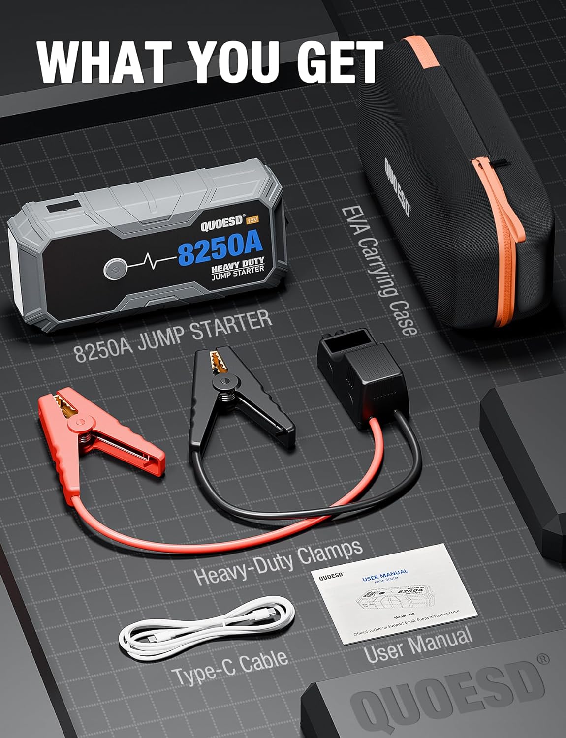 8250A Jump Starter Battery Jump Starter Battery Pack (for All Gas or 10.0+L Diesel), 12V Potable Heavy Duty Car Jump Start with 60W Power Bank 48-Months Stand-by Time