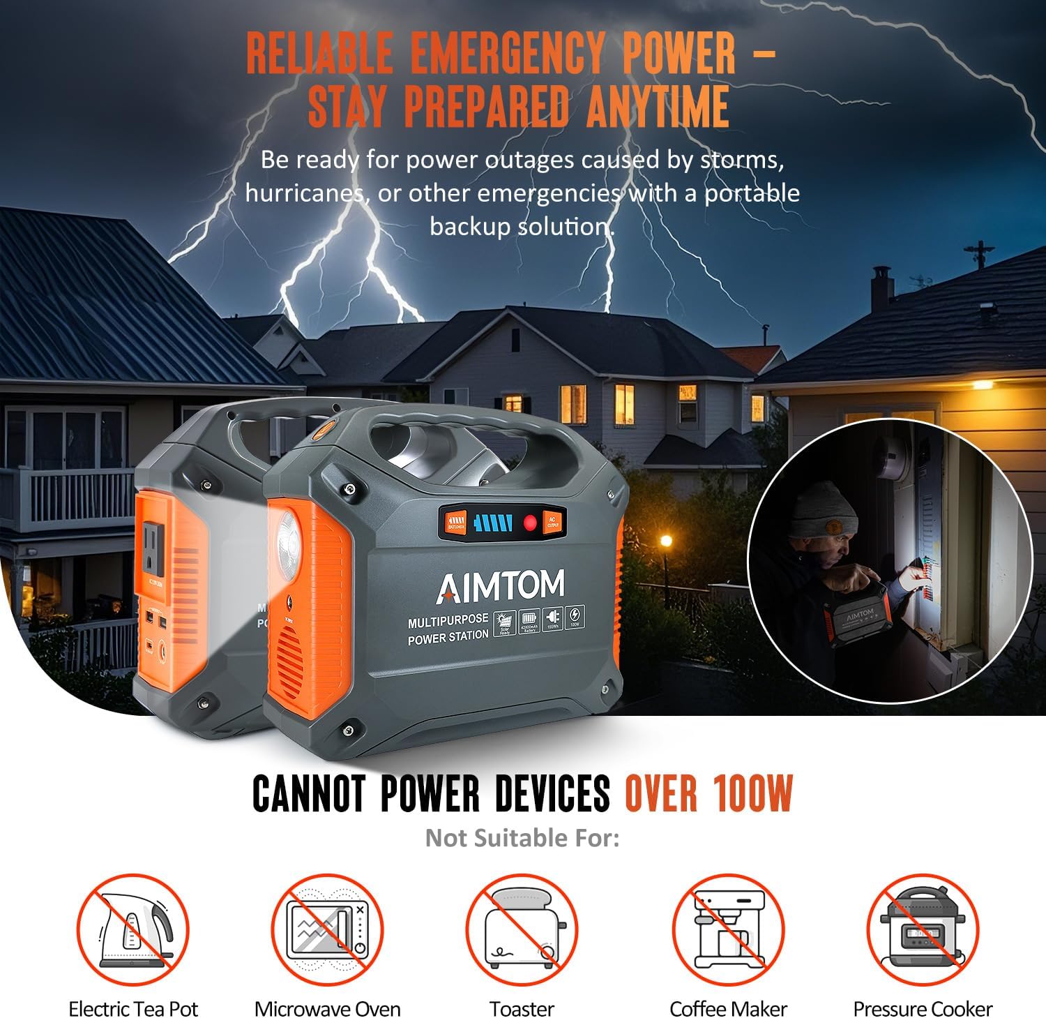 AIMTOM 155Wh Portable Power Station, 42000mAh Lithium Backup Battery with Flashlight, Solar Charging Option – 150W Peak (100W AC), 12V DC, USB  USB-C for Camping, Home, RV, Travel  Digital Nomads