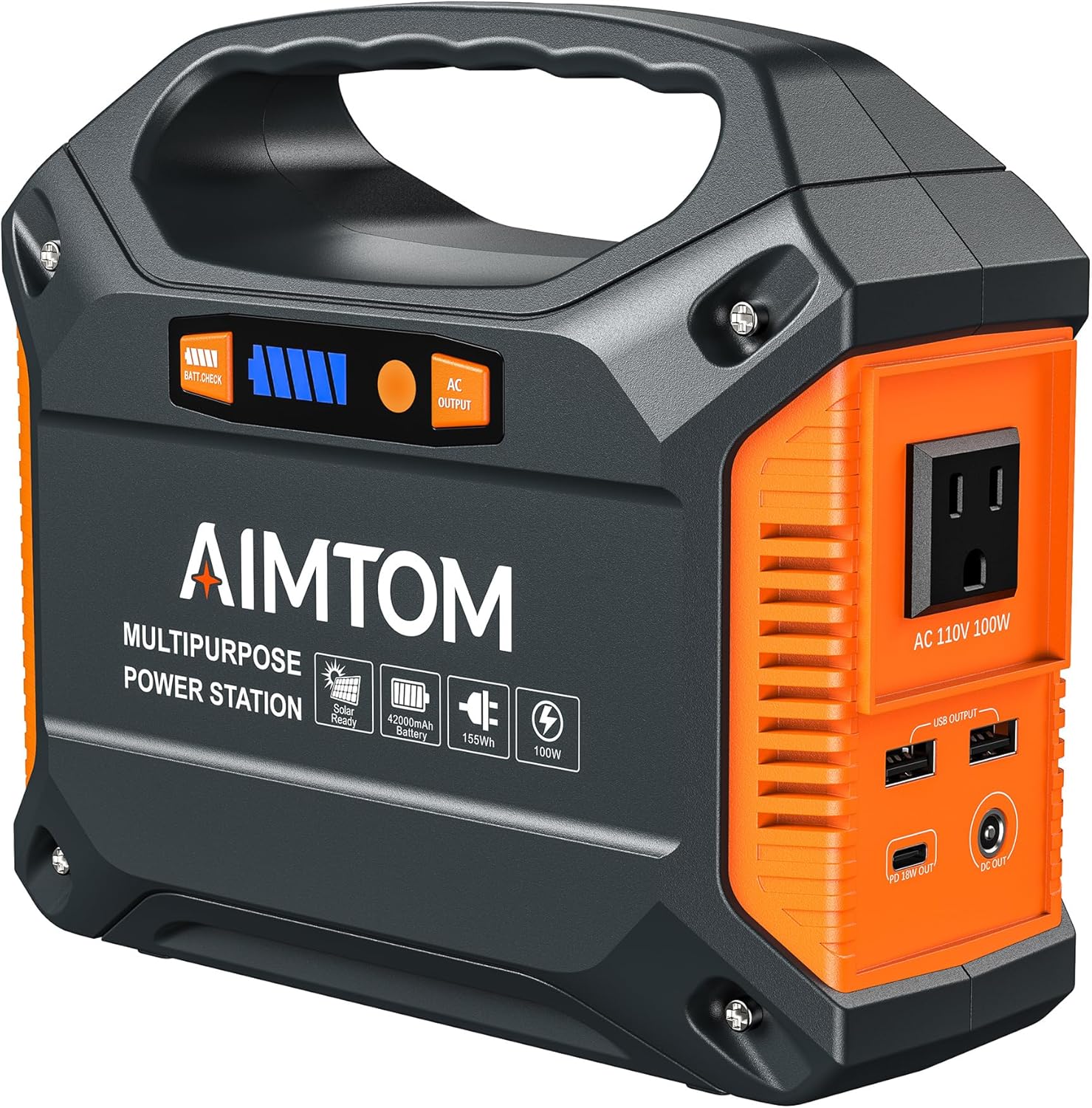 AIMTOM 155Wh Portable Power Station, 42000mAh Lithium Backup Battery with Flashlight, Solar Charging Option – 150W Peak (100W AC), 12V DC, USB  USB-C for Camping, Home, RV, Travel  Digital Nomads