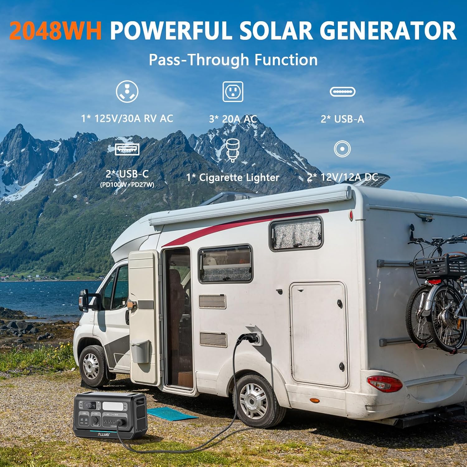 ALLWEI 2400W Portable Power Station and B200 PRO Expansion Battery, 2048Wh Solar Generator, Fast Charge in 1.5H, Expand to 4096Wh LiFePO4 Battery Backup for RV Camping Outdoor Home Use