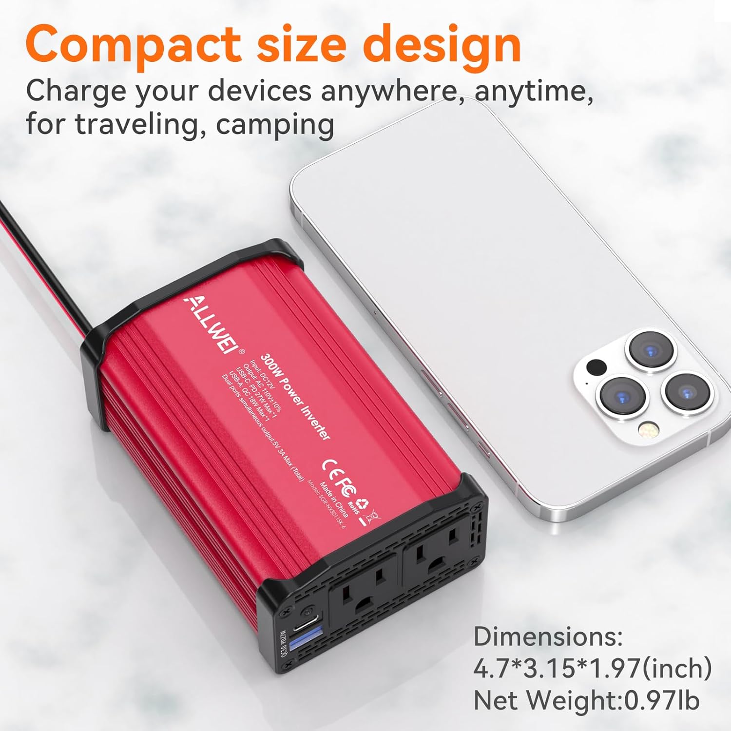 ALLWEI 300W Car Power Inverter with 65W USB-C and 3.0 USB Port - DC 12V to 110V AC Power inverters for Vehicles Converter Fast Charging Ports Car Charger Adapter (Red)