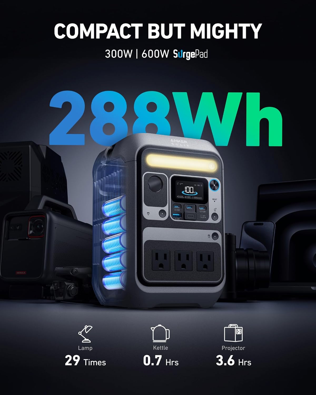 Anker SOLIX C300 Portable Power Station with Adjustable Strap, Outdoor 288Wh LiFePO4 Battery, 300W (600W Surge) Solar Generator, 140W Two-Way Fast Charging, for Camping, Traveling, and Emergencies.