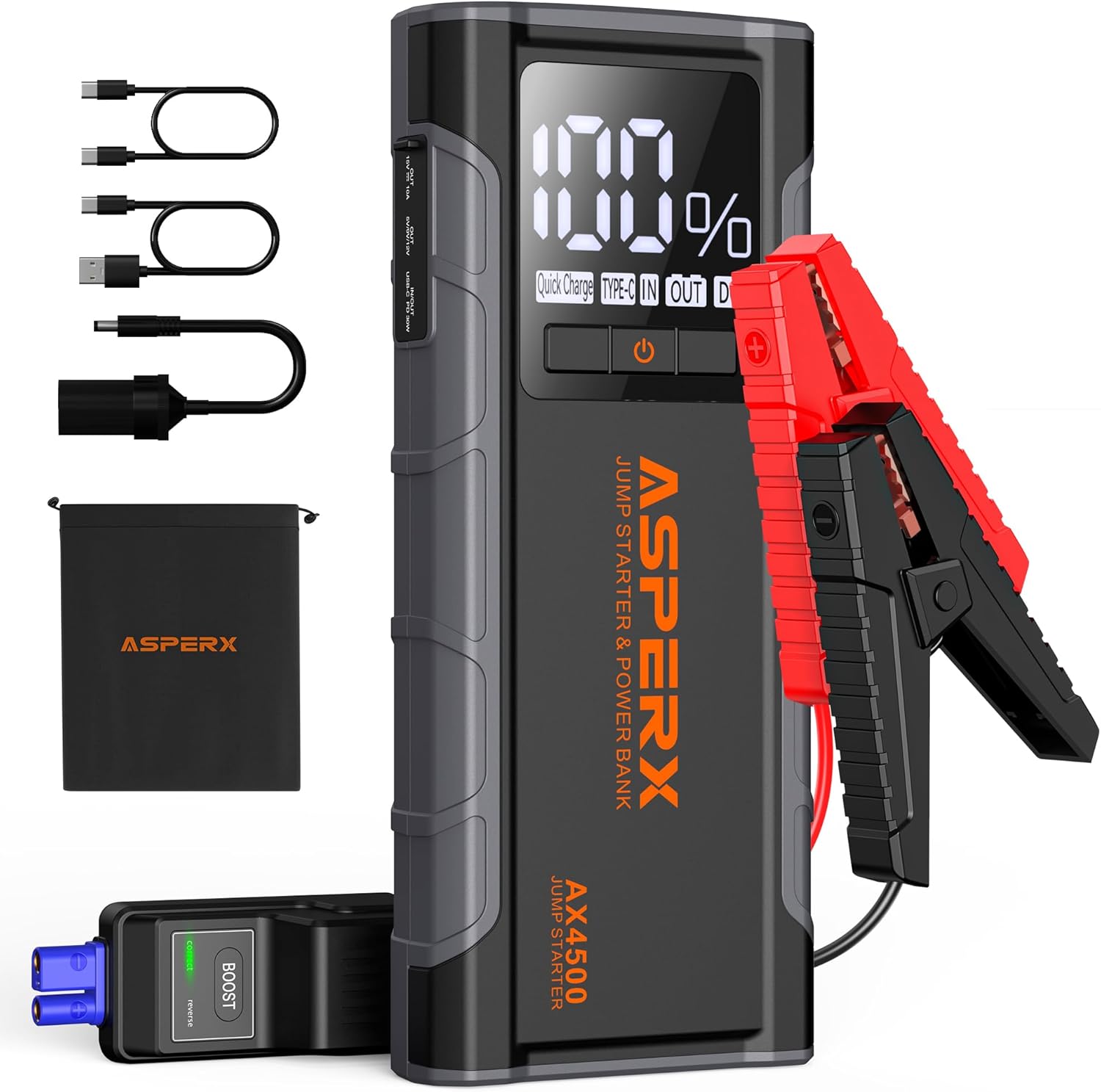 ASPERX Car Jump Starter, 2500A Peak Battery Starter for 10L Gas or 7.3L Diesel Engines, 12V Auto Battery Booster, Lithium Jump Box with USB QC3.0, Jump Pack with Built-in LED Light